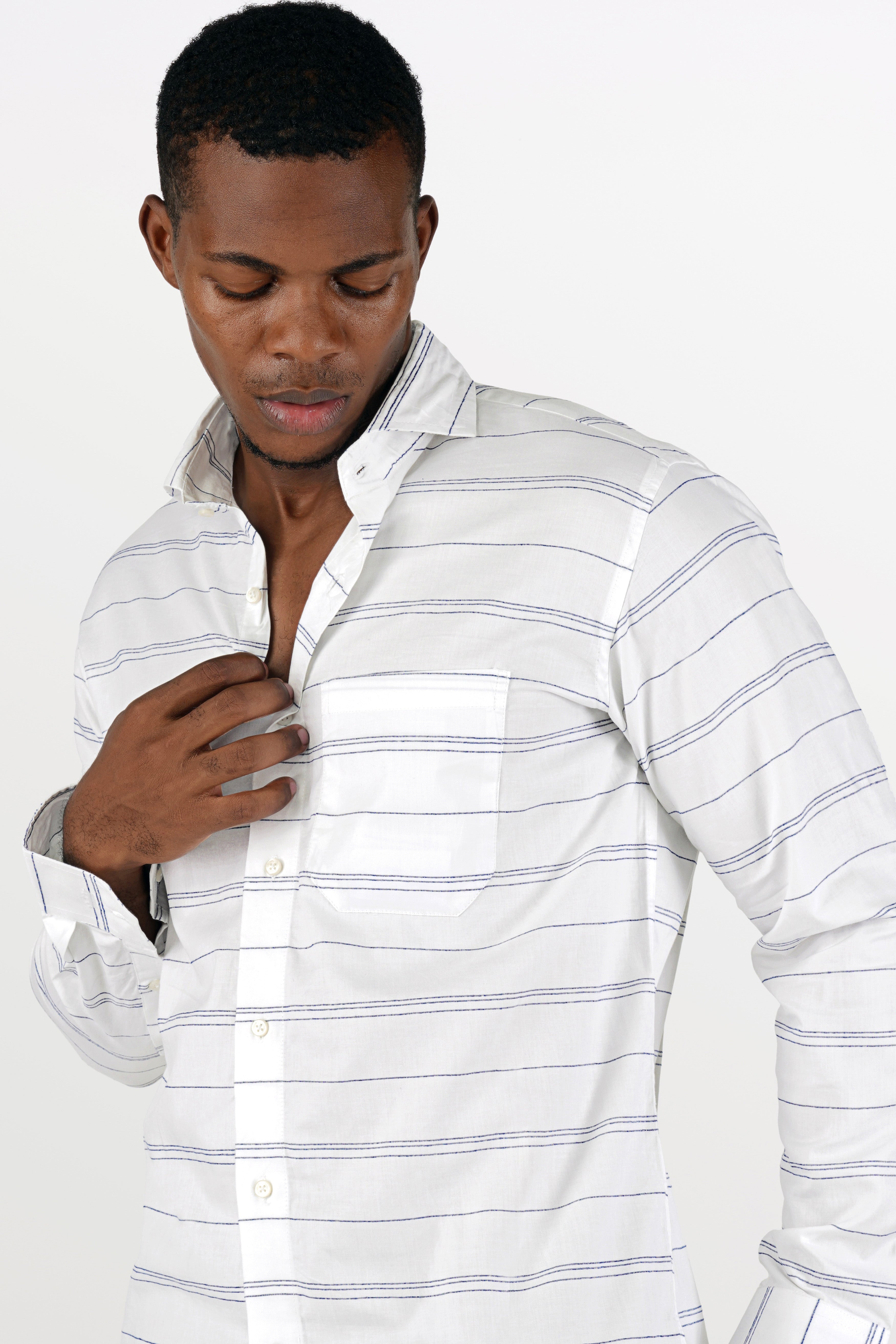 Bright White with Rhino Blue Striped Dobby Textured Premium Giza Cotton Shirt