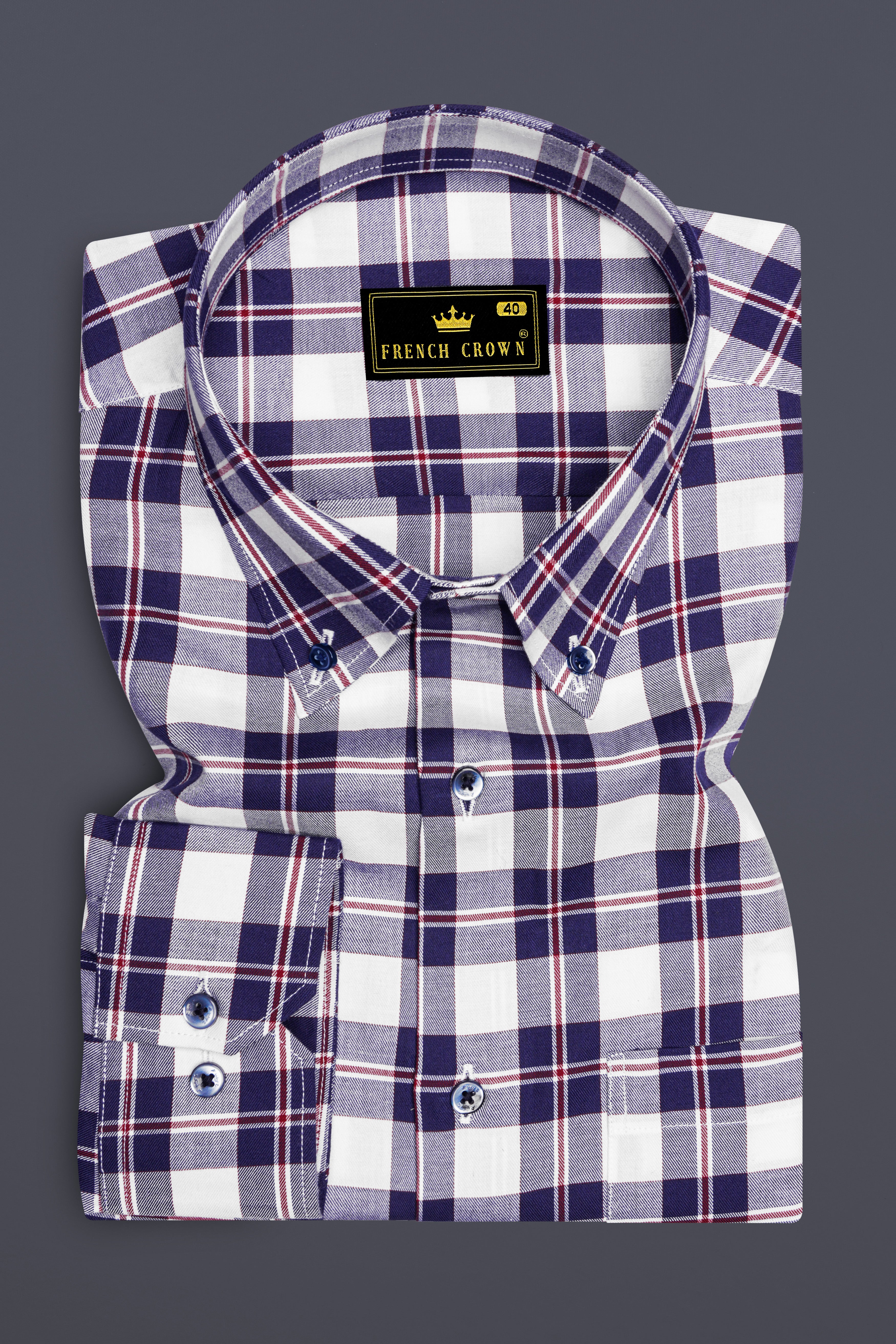 Bright White with Downriver Blue and Monza Red Checkered Twill Premium Cotton Shirt