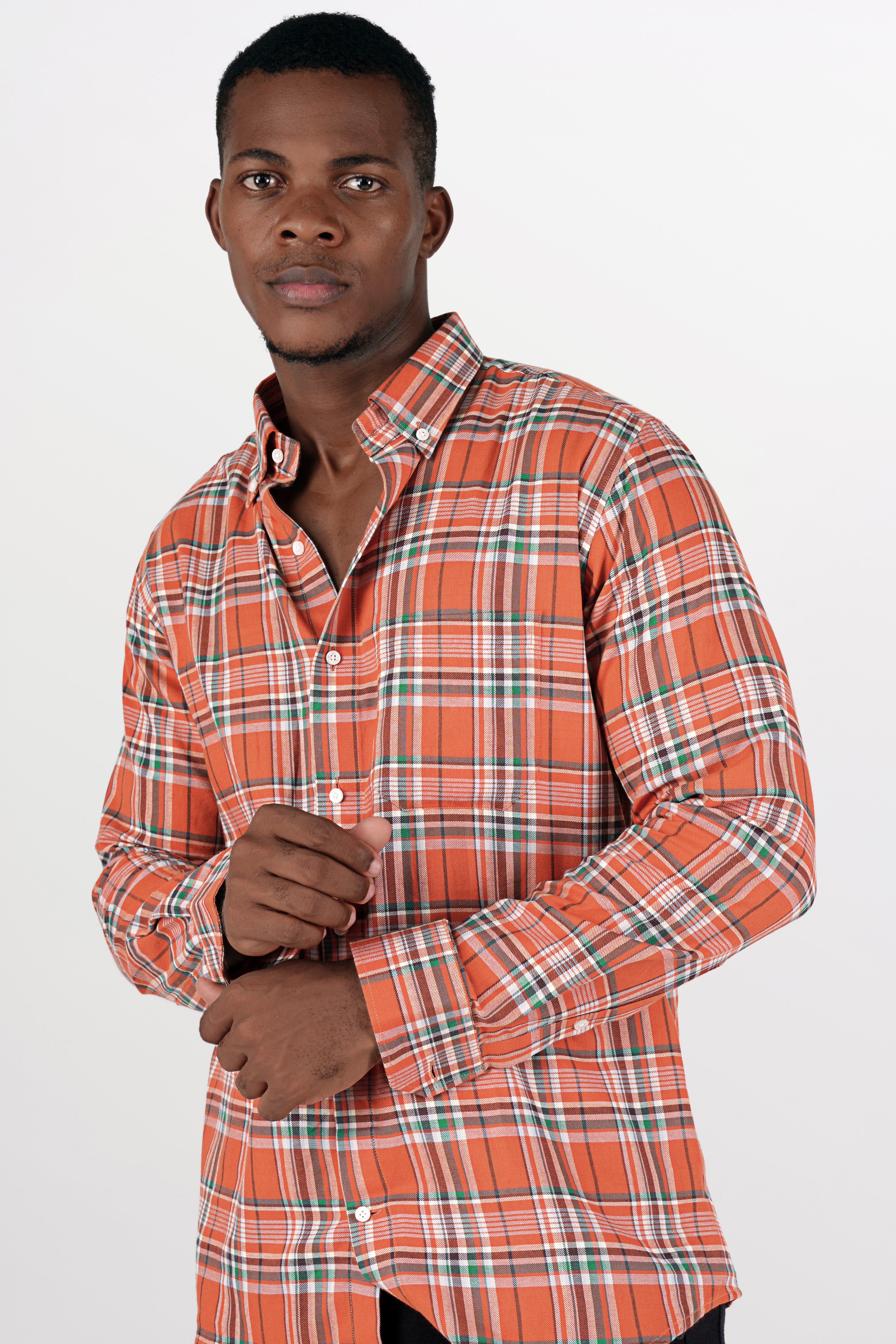 Fiery Orange with White and Viridian Green Twill Checkered Premium Cotton Shirt