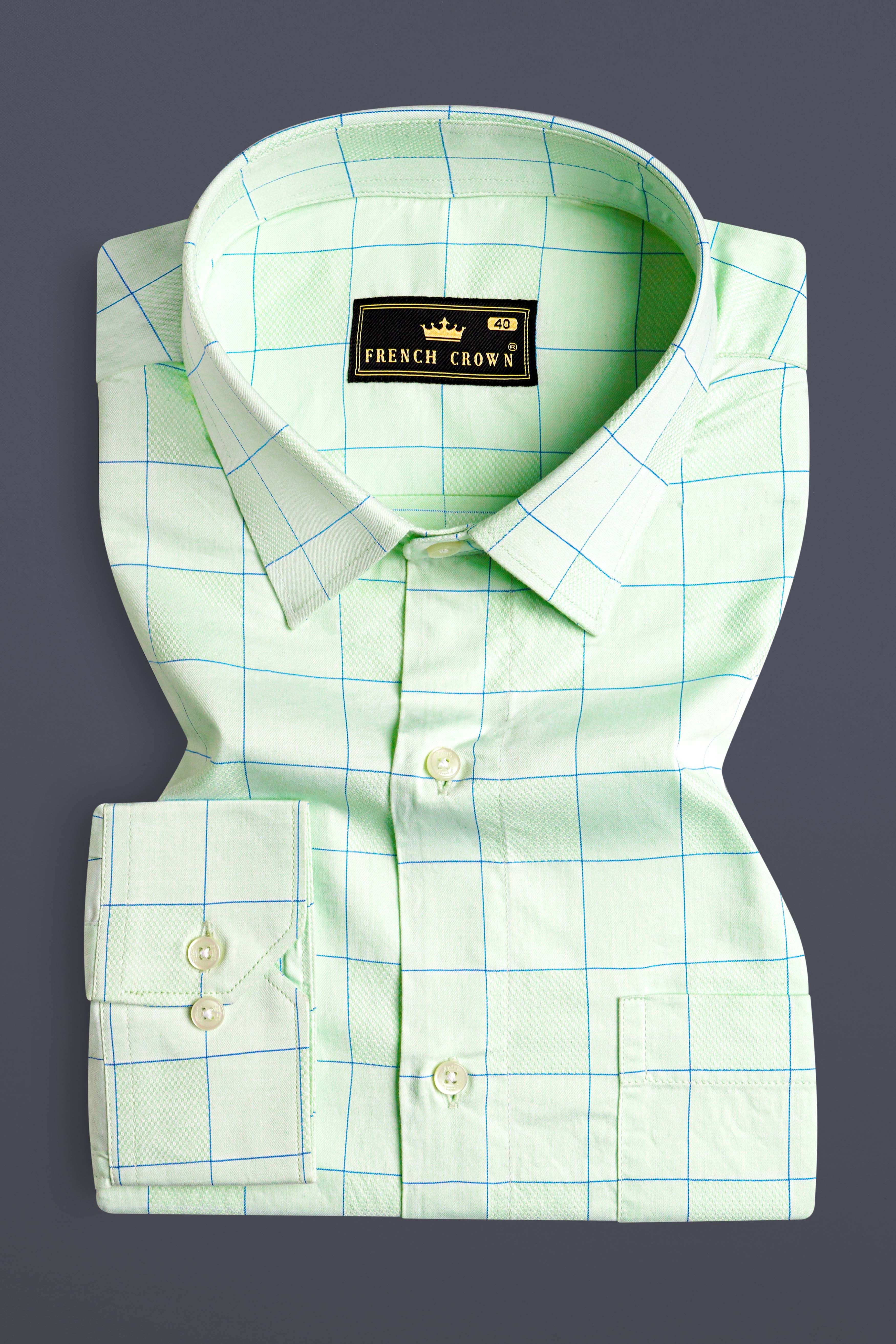 Surf Crest Green with Tufts Blue Windowpane Dobby Textured Premium Giza Cotton Shirt