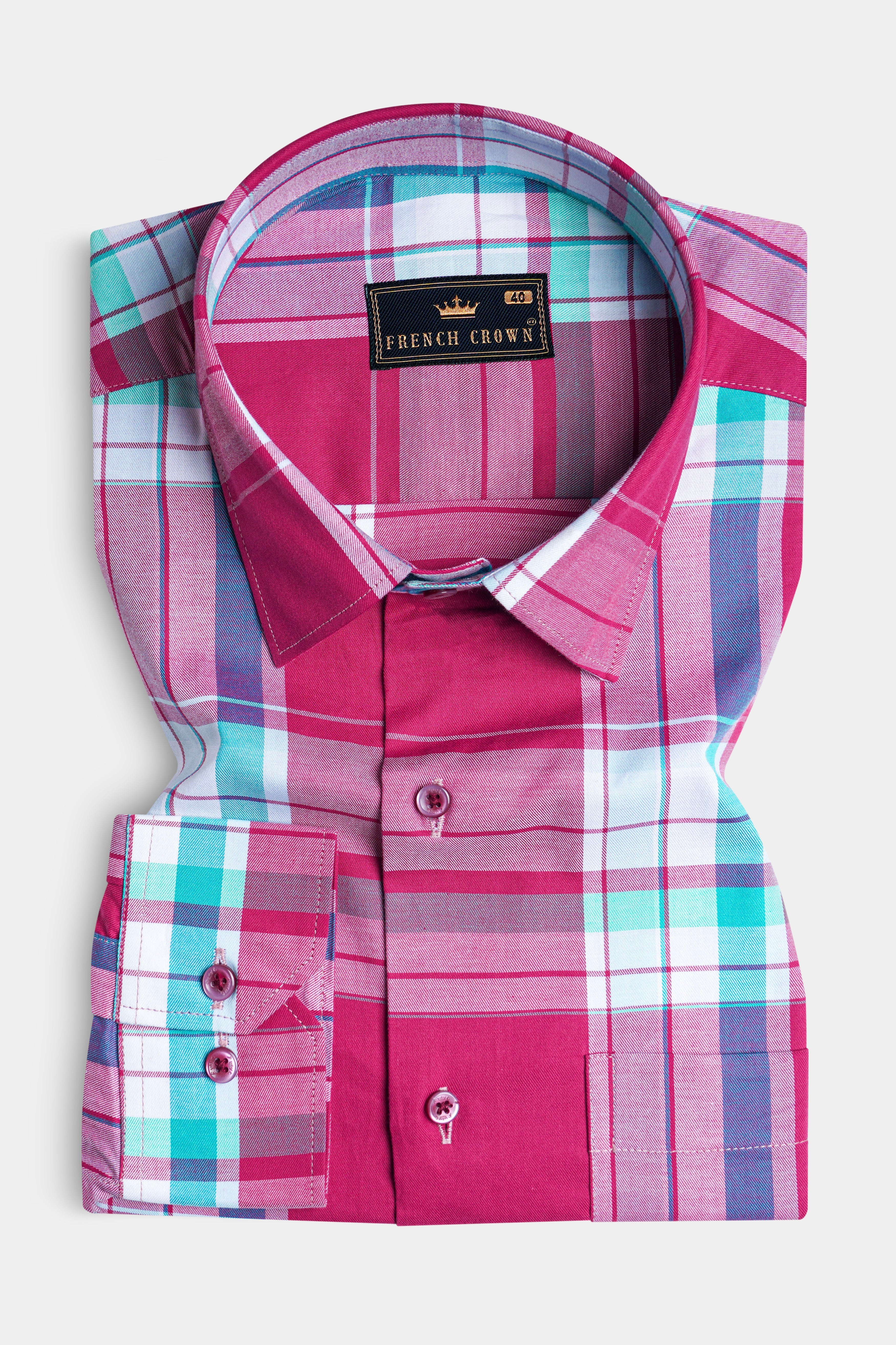 Hibiscus Pink with White and Aquamarine Green Twill Checkered Premium Cotton Shirt