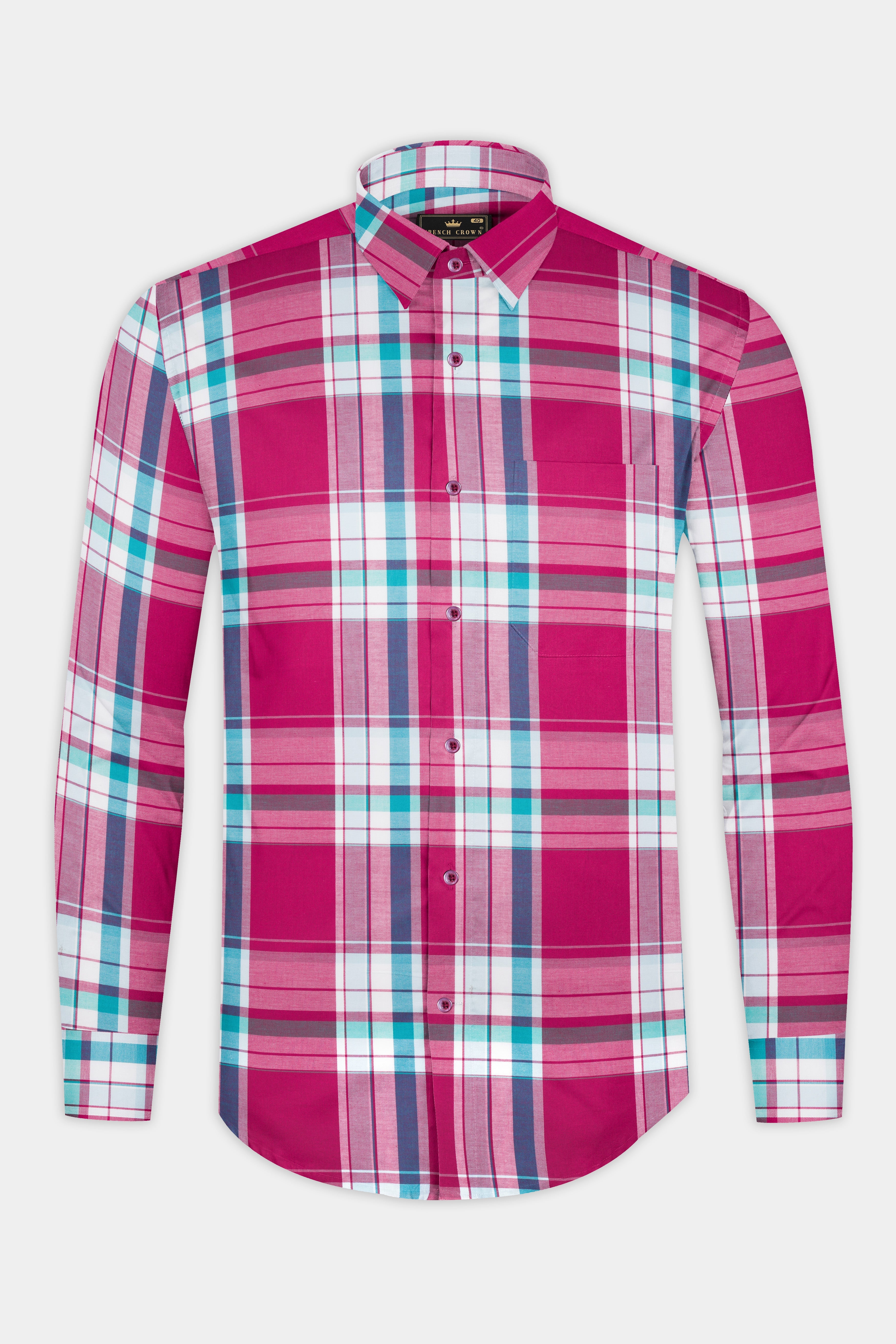 Hibiscus Pink with White and Aquamarine Green Twill Checkered Premium Cotton Shirt