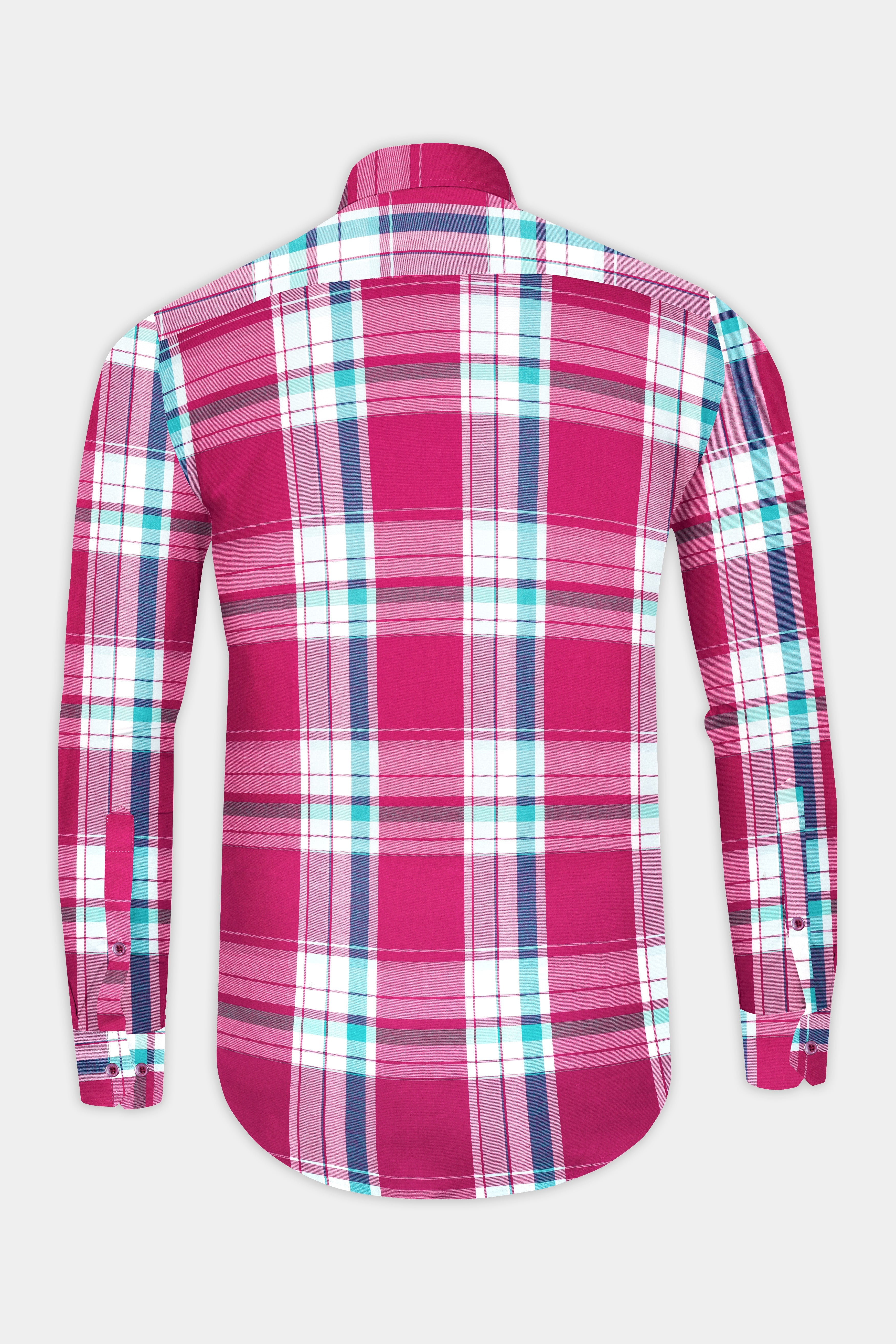 Hibiscus Pink with White and Aquamarine Green Twill Checkered Premium Cotton Shirt