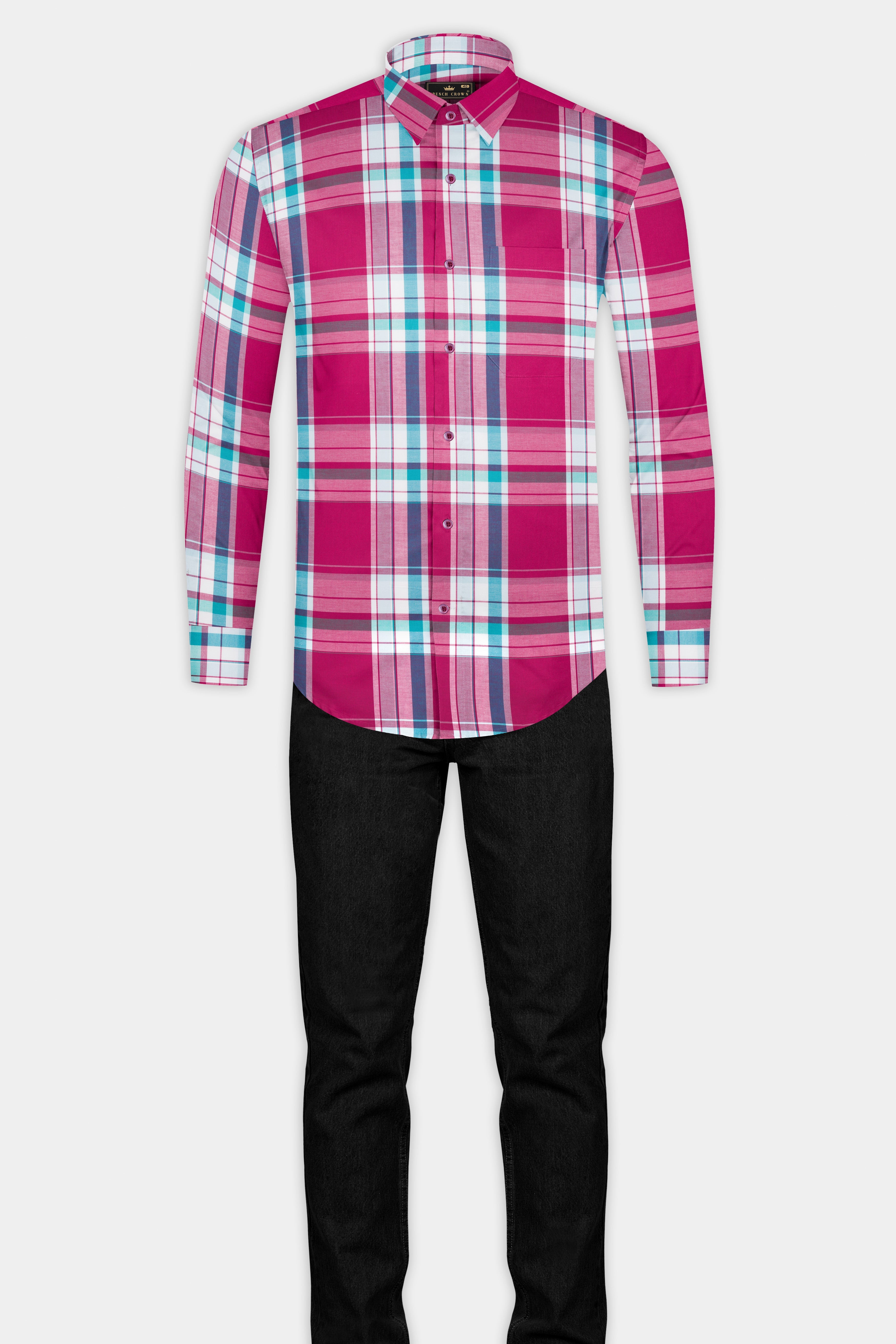 Hibiscus Pink with White and Aquamarine Green Twill Checkered Premium Cotton Shirt