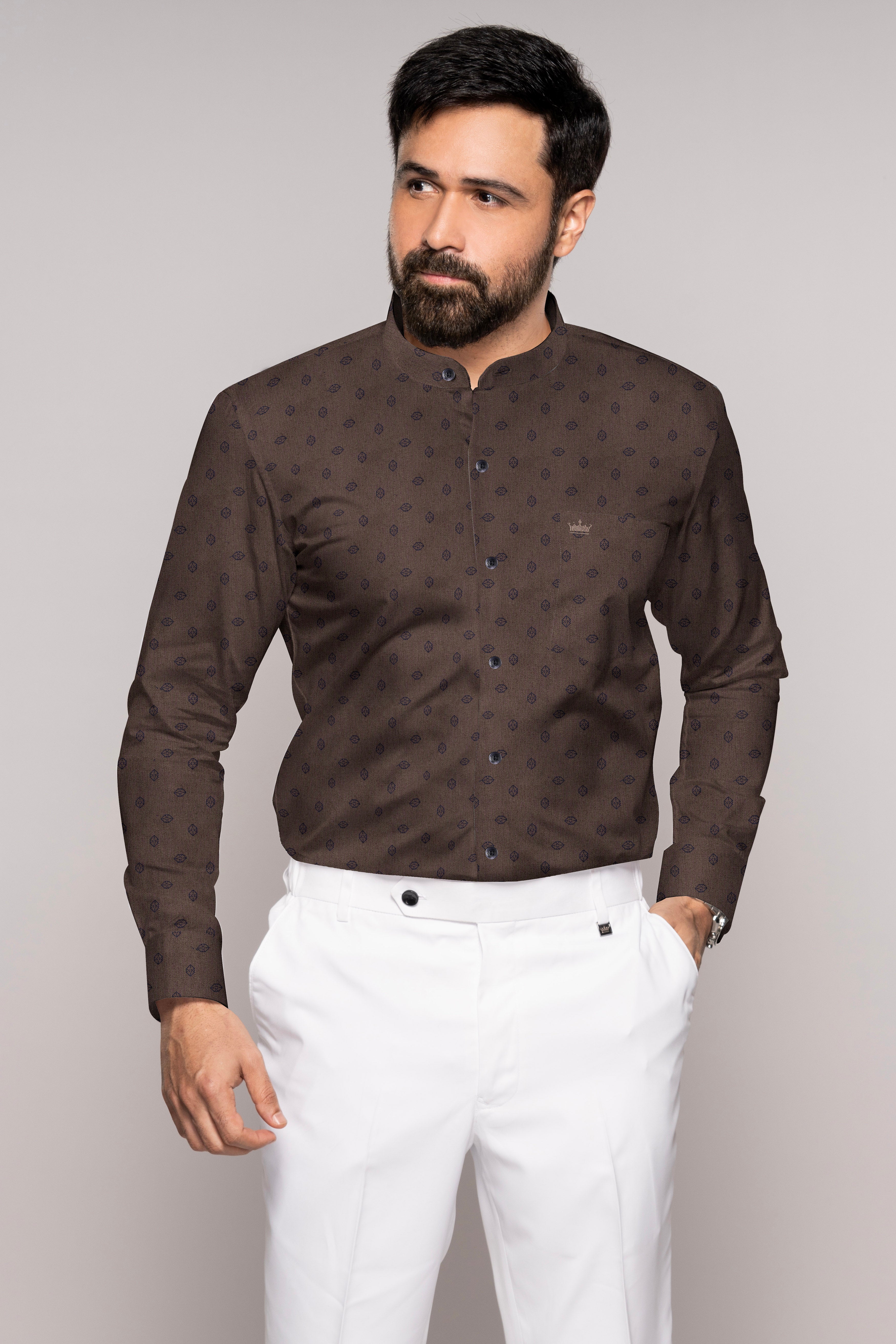 Lisbon Brown Twill Printed Premium Cotton Shirt