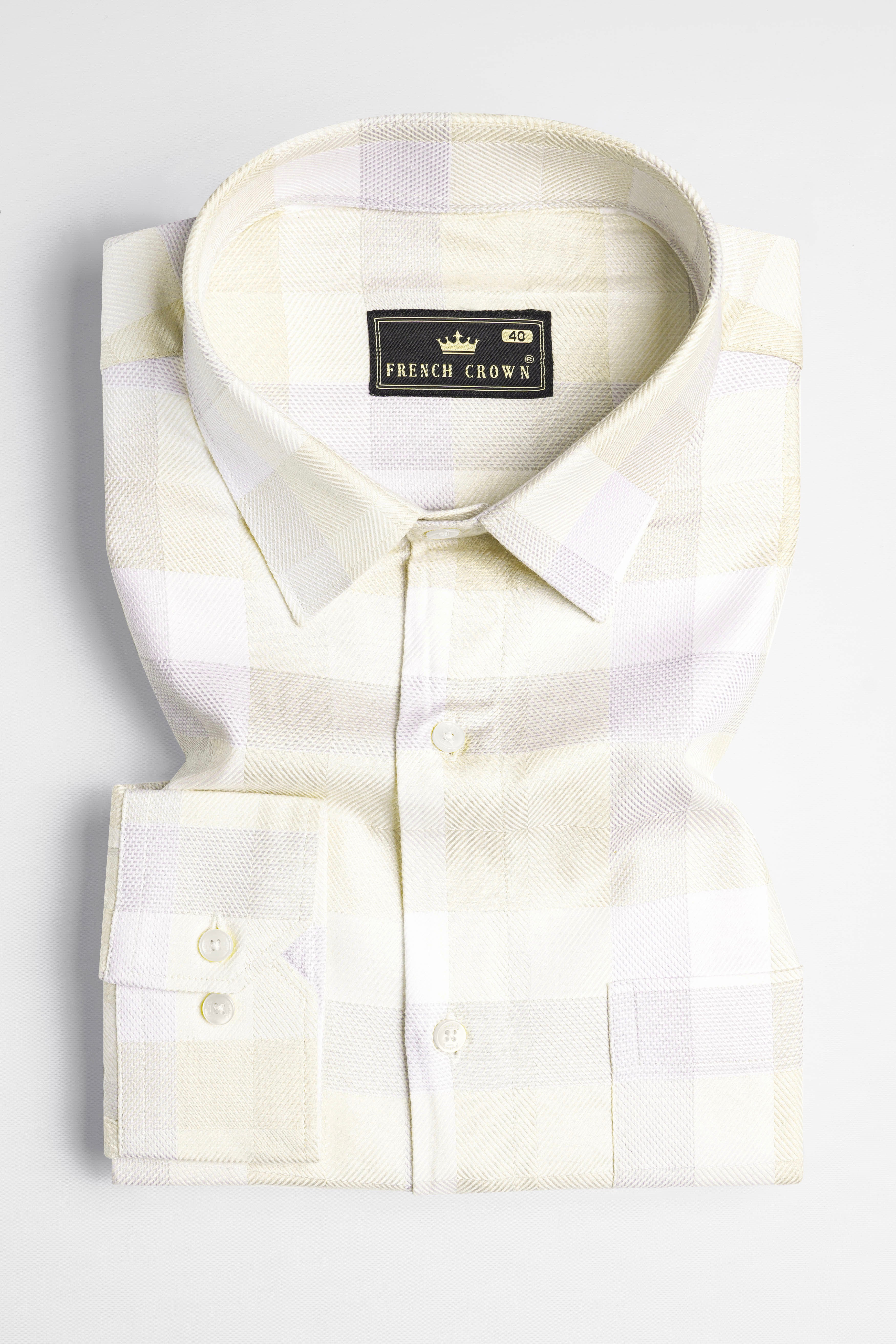 Citrine Beige and Periglacial Gray Checkered Jacquard Textured Premium Giza Cotton Shirt