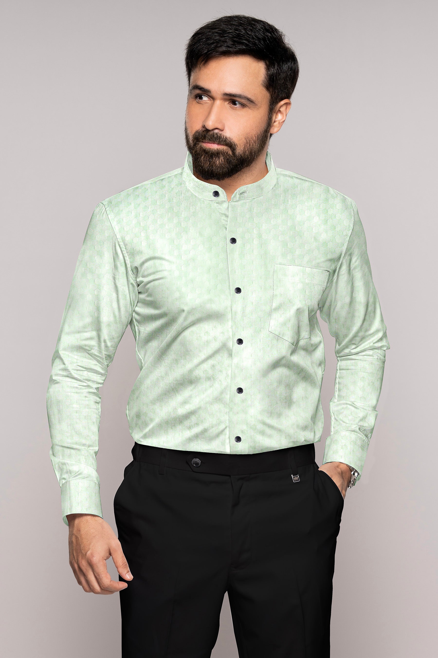 Albescent Green Hexagonal Jacquard Textured Premium Giza Cotton Shirt