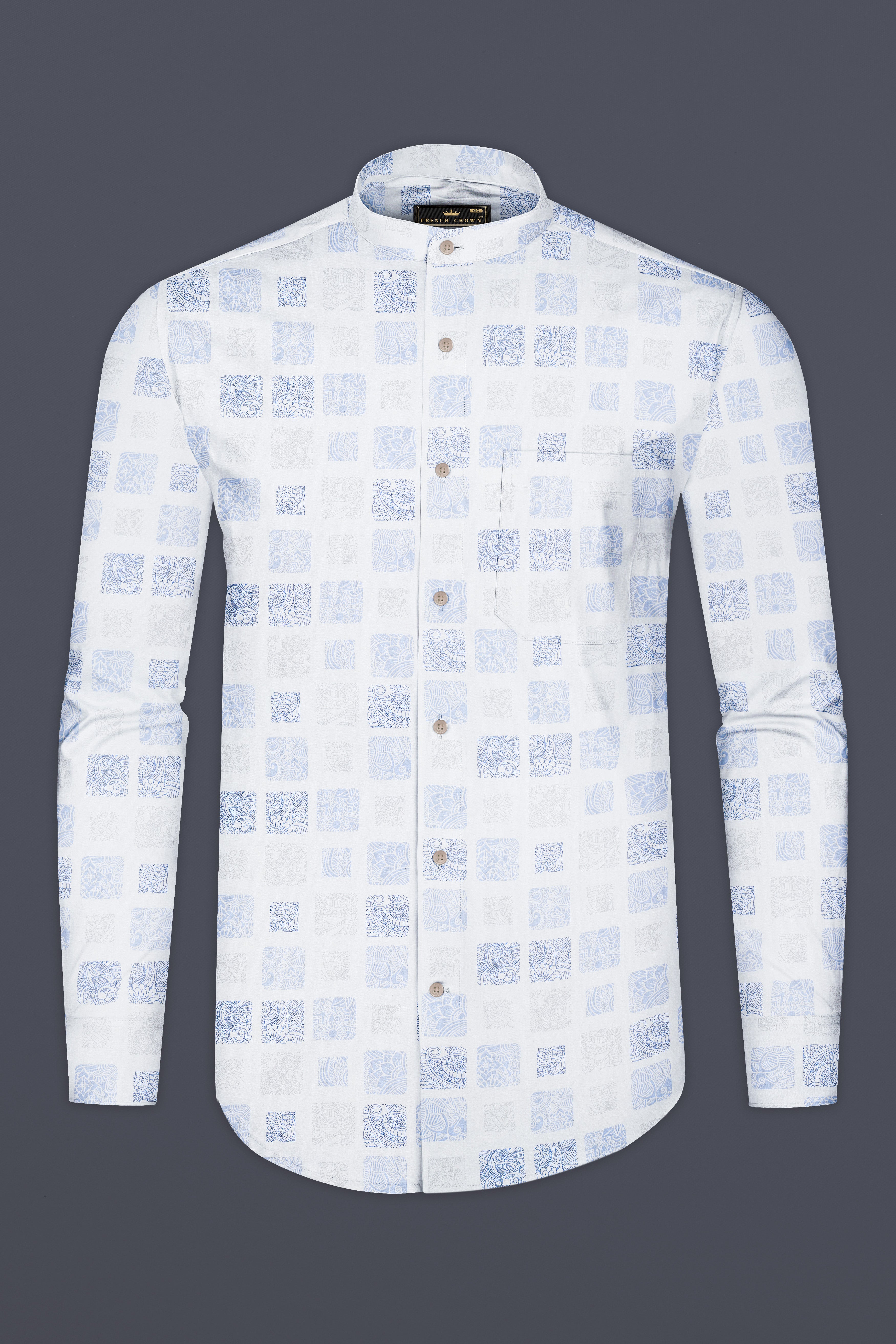 Bright White and Metallic Blue Printed Super Soft Premium Cotton Shirt