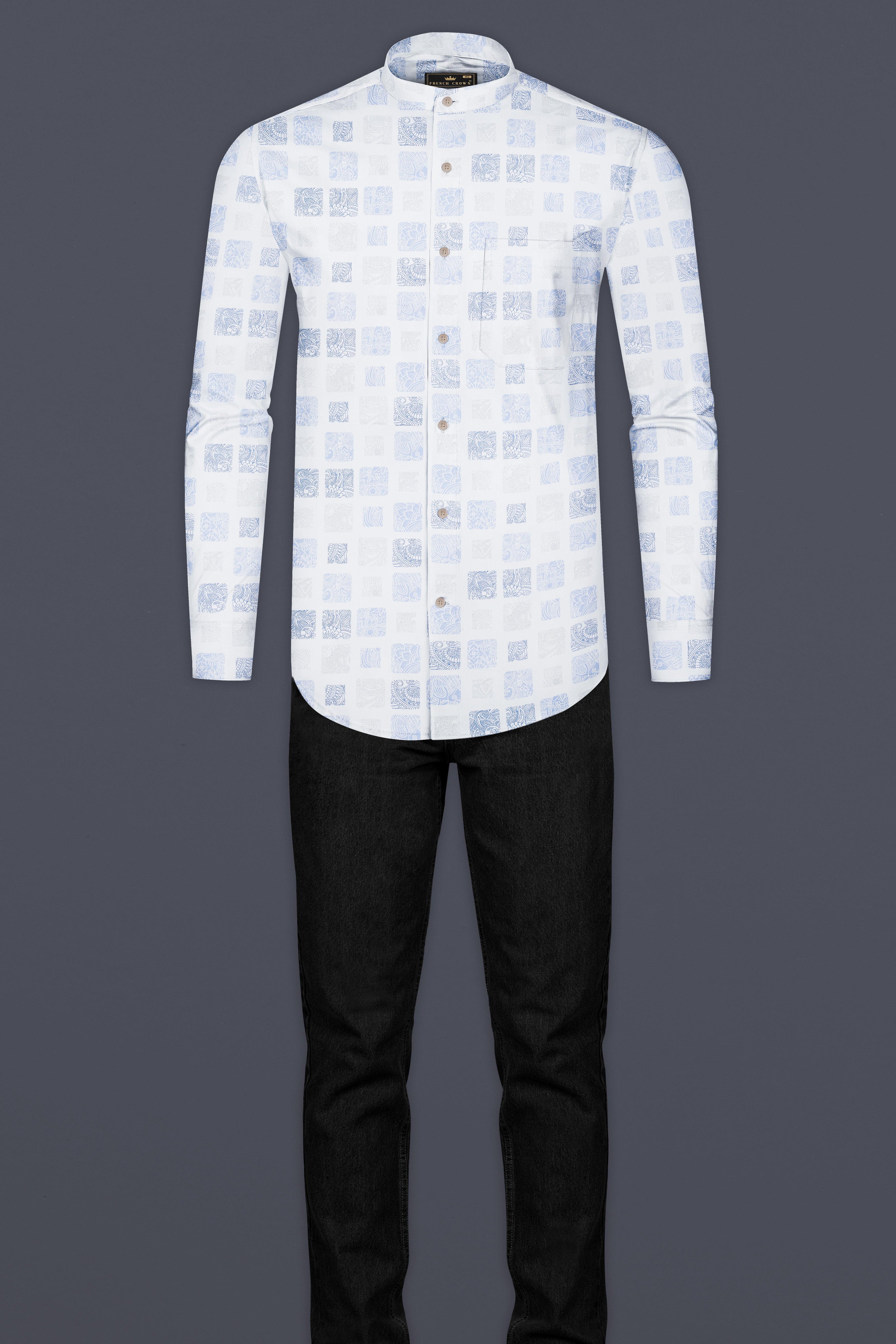 Bright White and Metallic Blue Printed Super Soft Premium Cotton Shirt