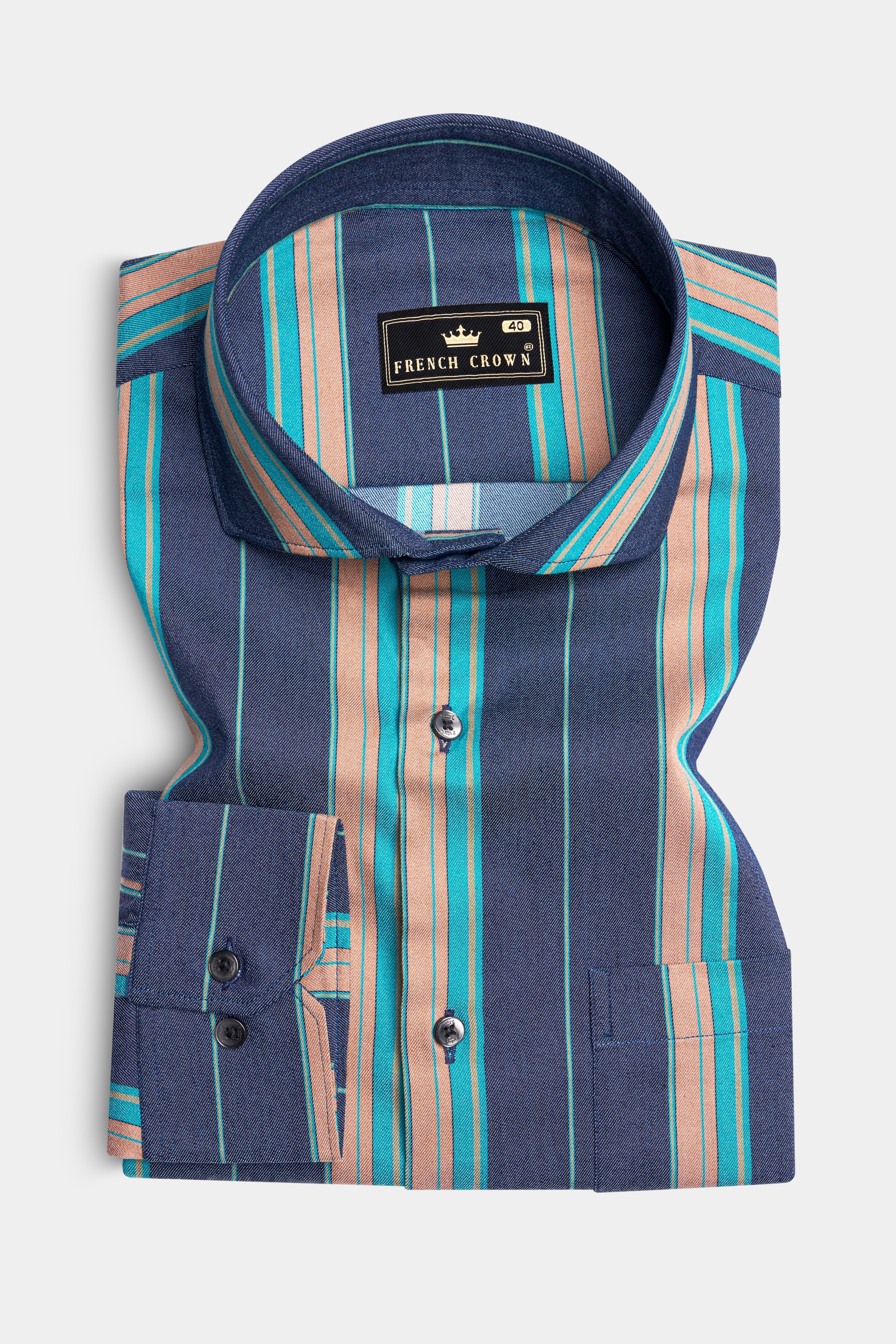 Indigo Blue with Copperfield Brown and Bahama Blue Striped Denim Shirt