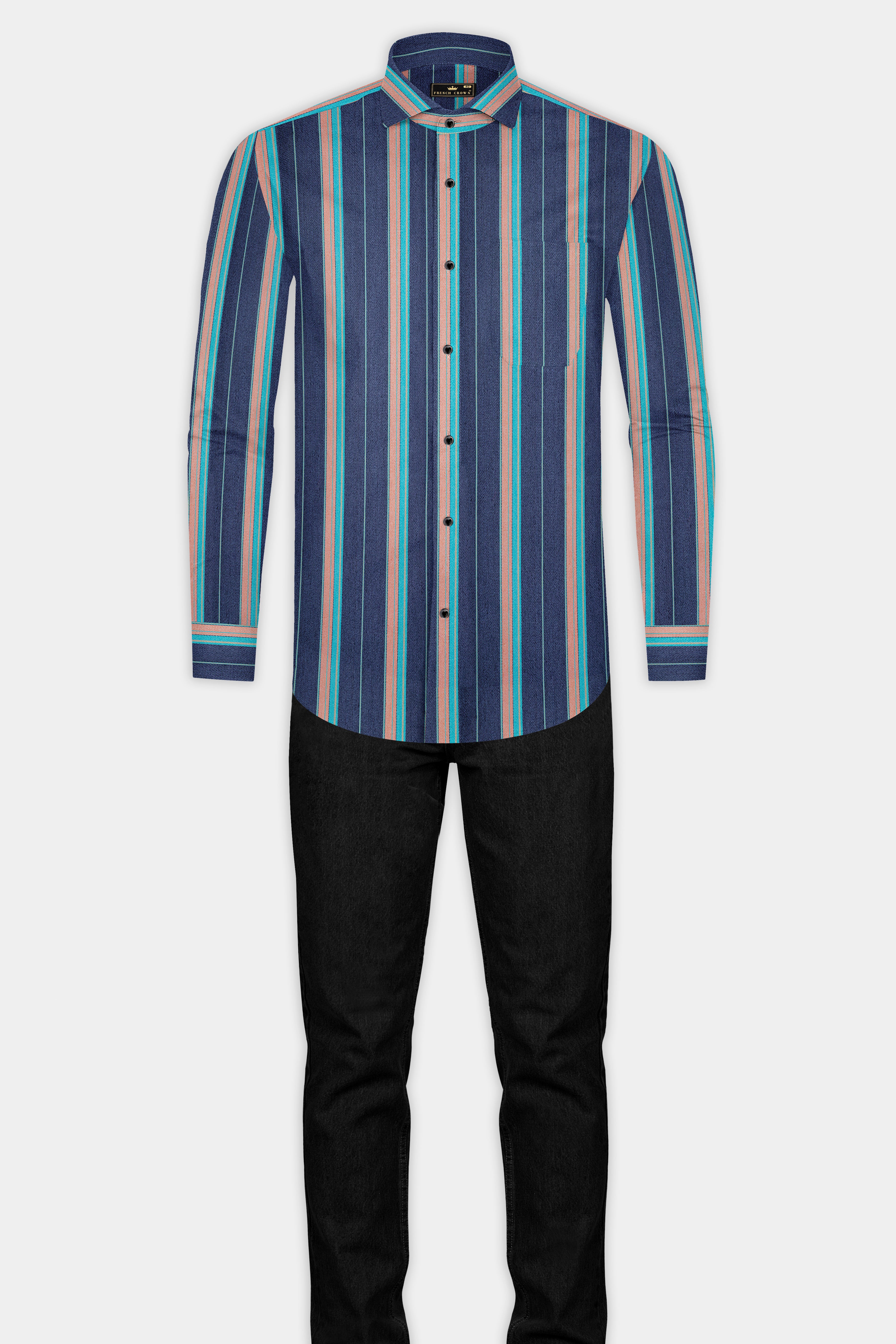 Indigo Blue with Copperfield Brown and Bahama Blue Striped Denim Shirt