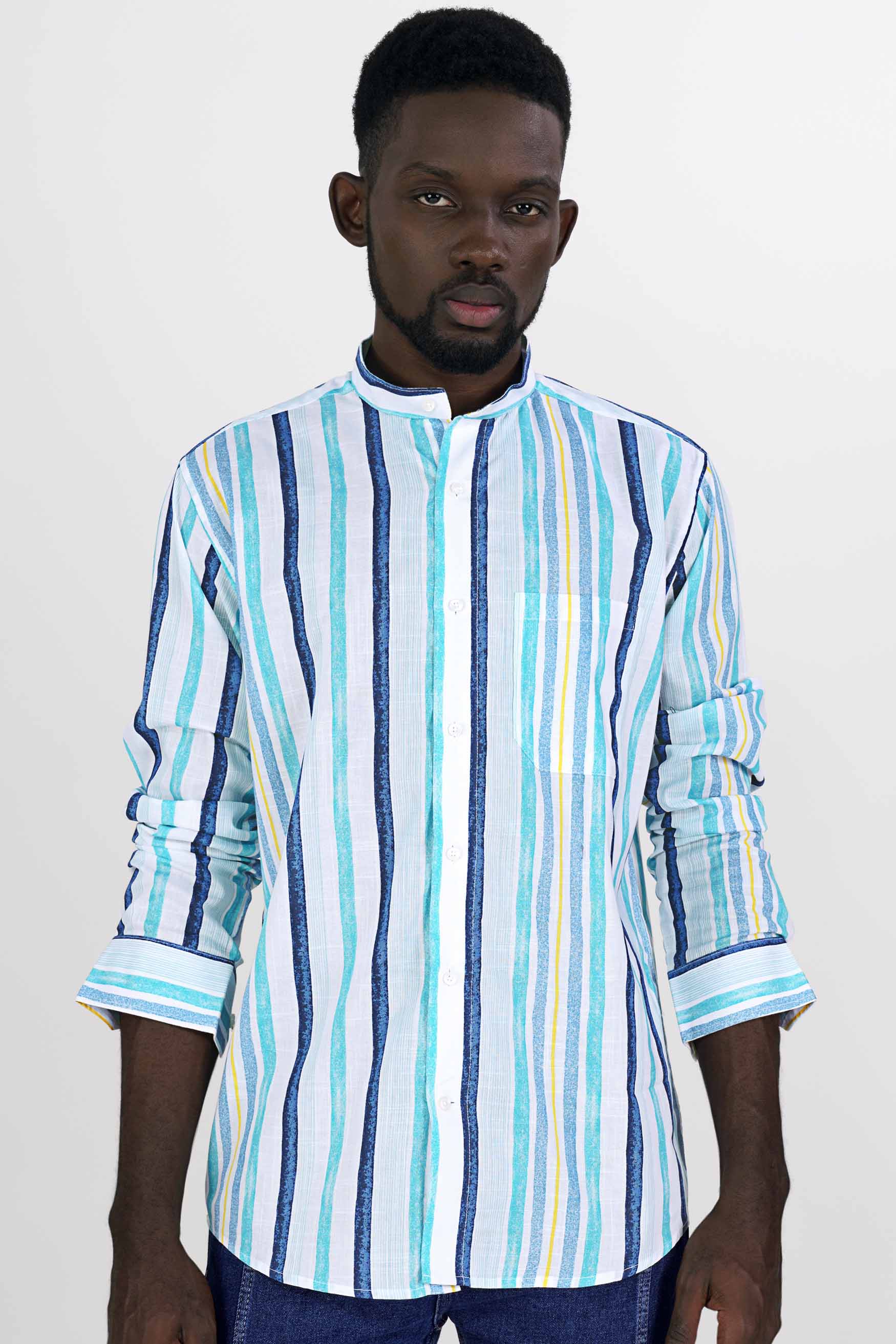 Bright White with Rhino Blue and Blizzard Blue Striped Premium Cotton Shirt