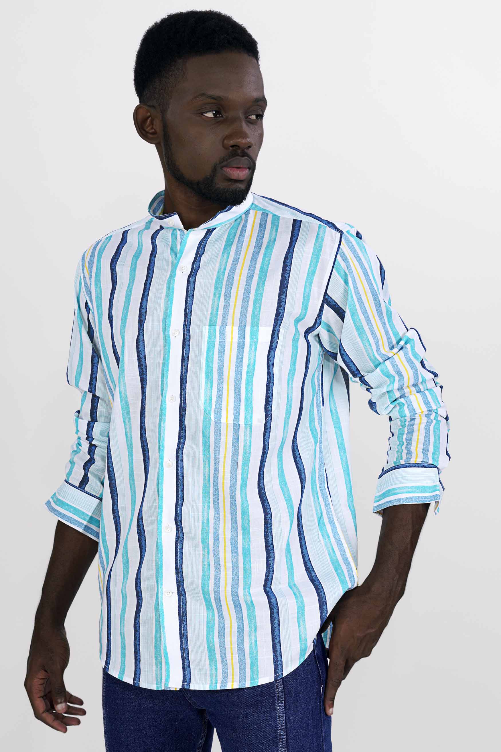 Bright White with Rhino Blue and Blizzard Blue Striped Premium Cotton Shirt