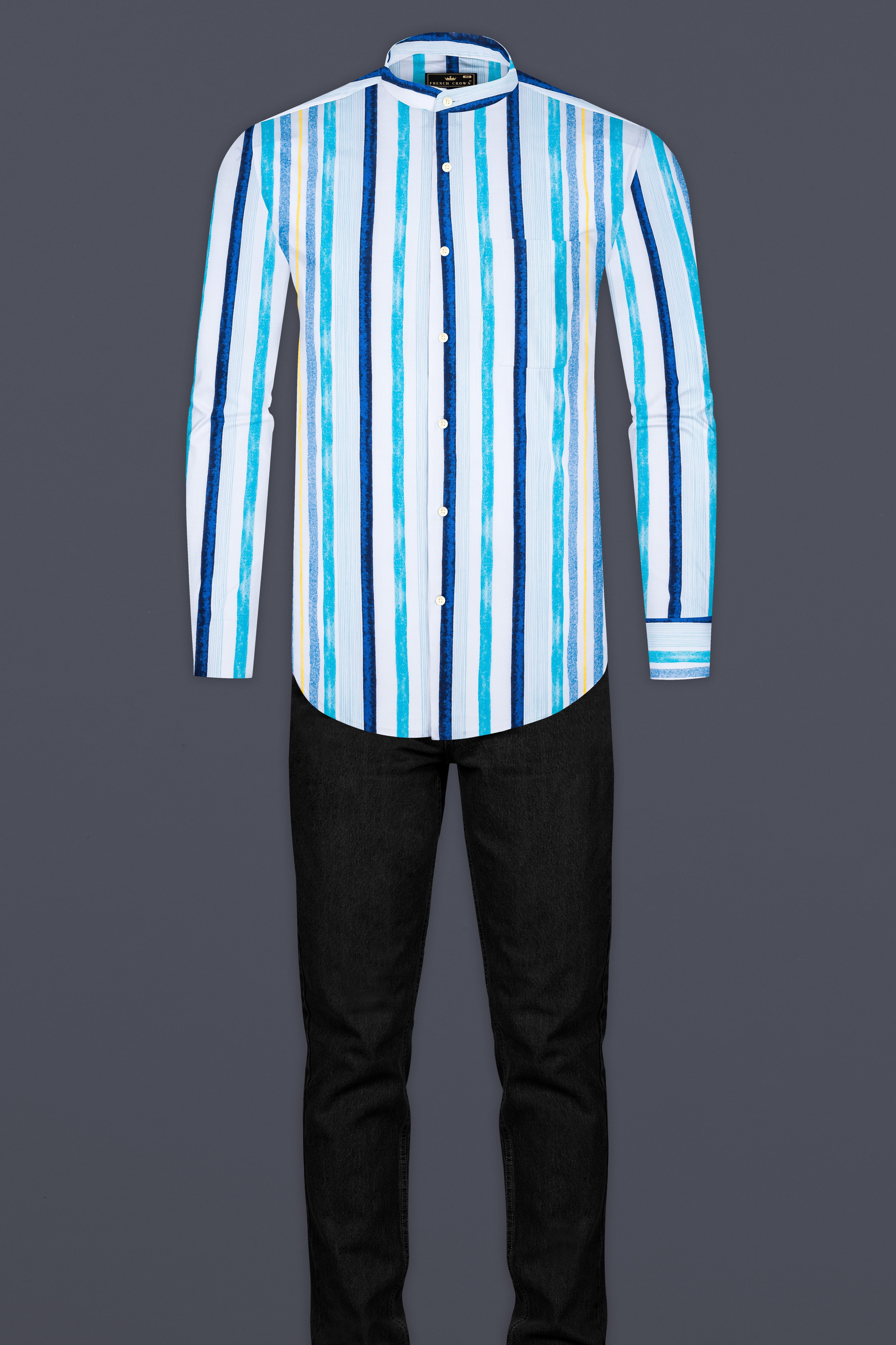 Bright White with Rhino Blue and Blizzard Blue Striped Premium Cotton Shirt