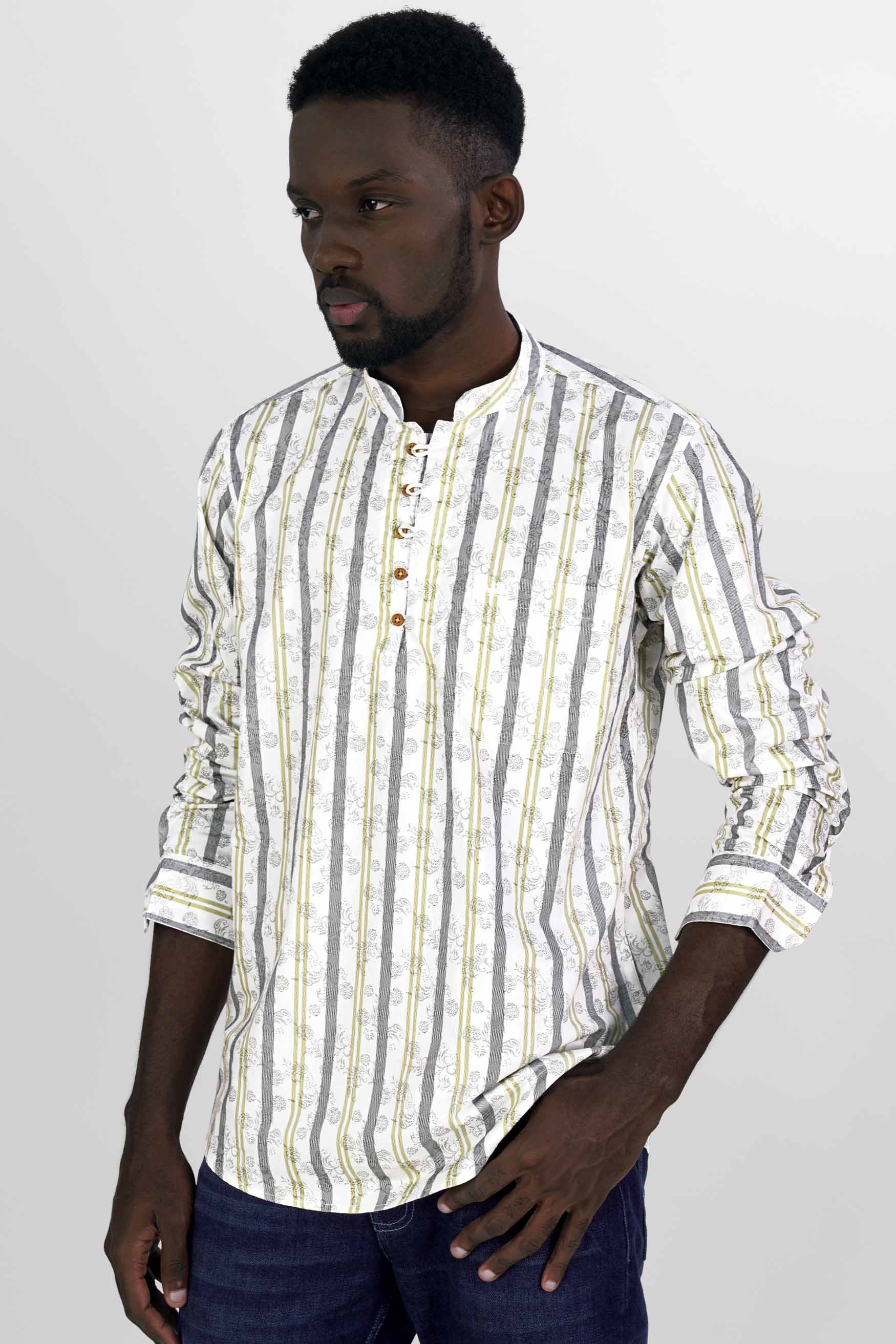 Bright White Multicoloured Striped Super Soft Premium Cotton Kurta Shirt