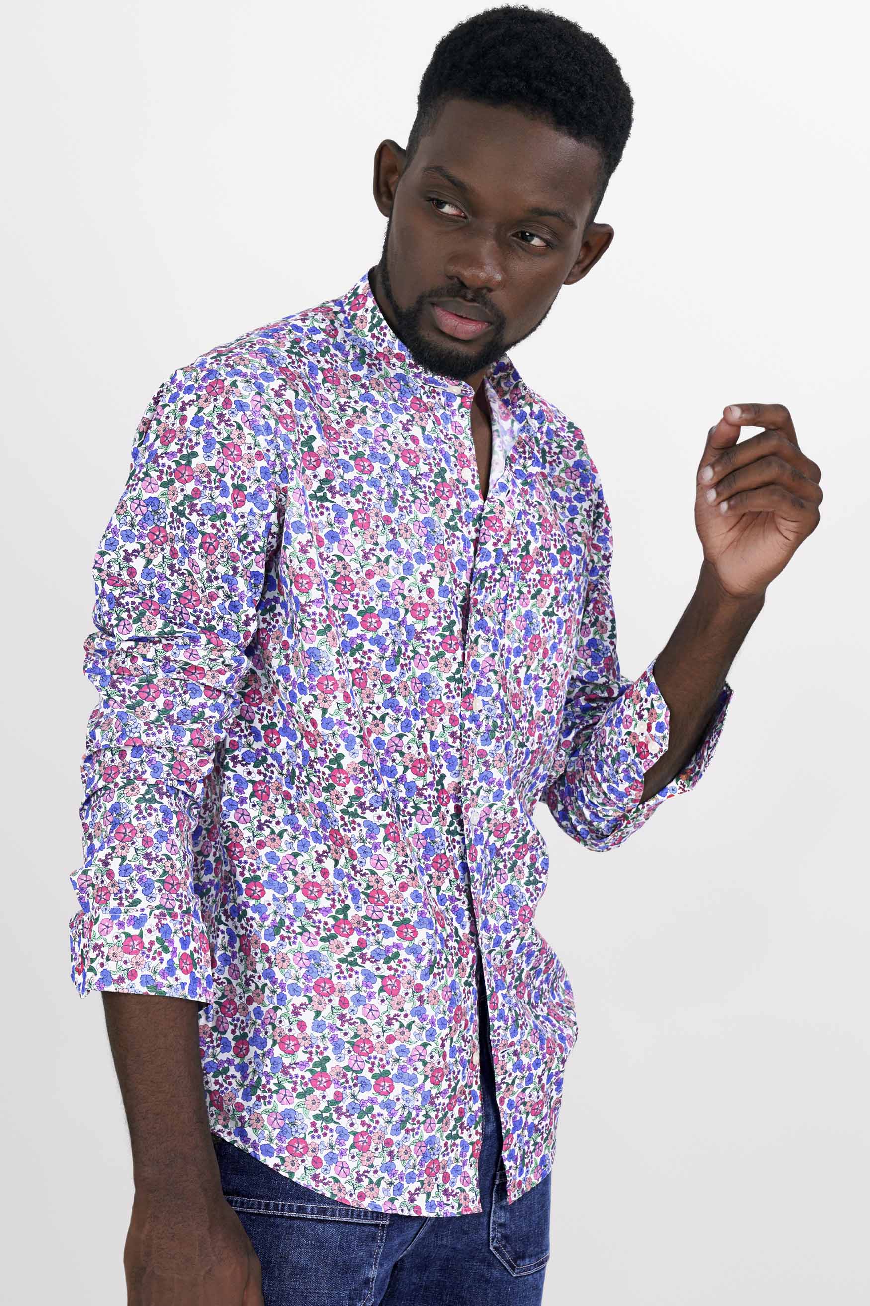Bright White with Havelock Blue Multicolour Ditsy Printed Premium Cotton Shirt