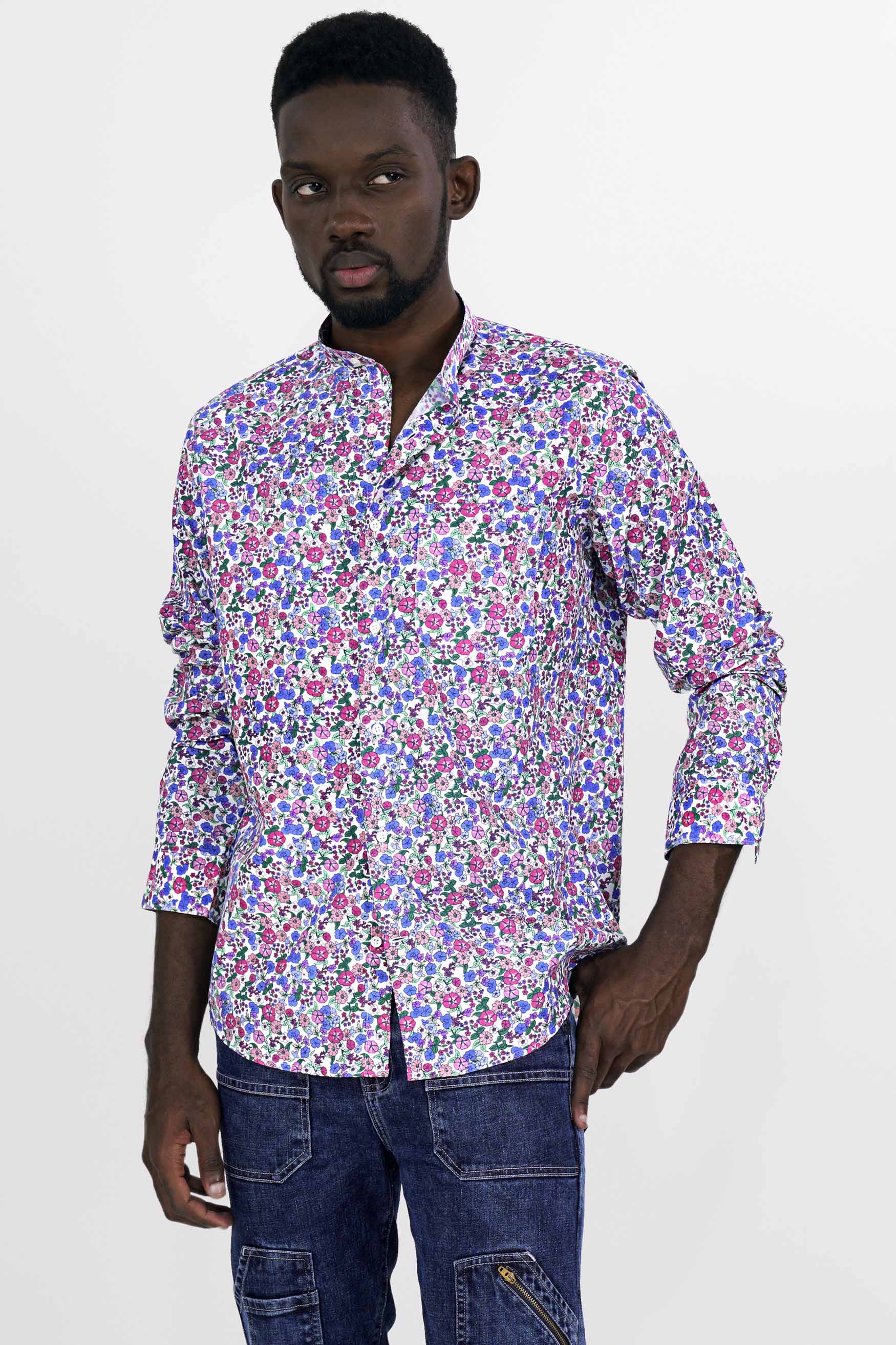 Bright White with Havelock Blue Multicolour Ditsy Printed Premium Cotton Shirt
