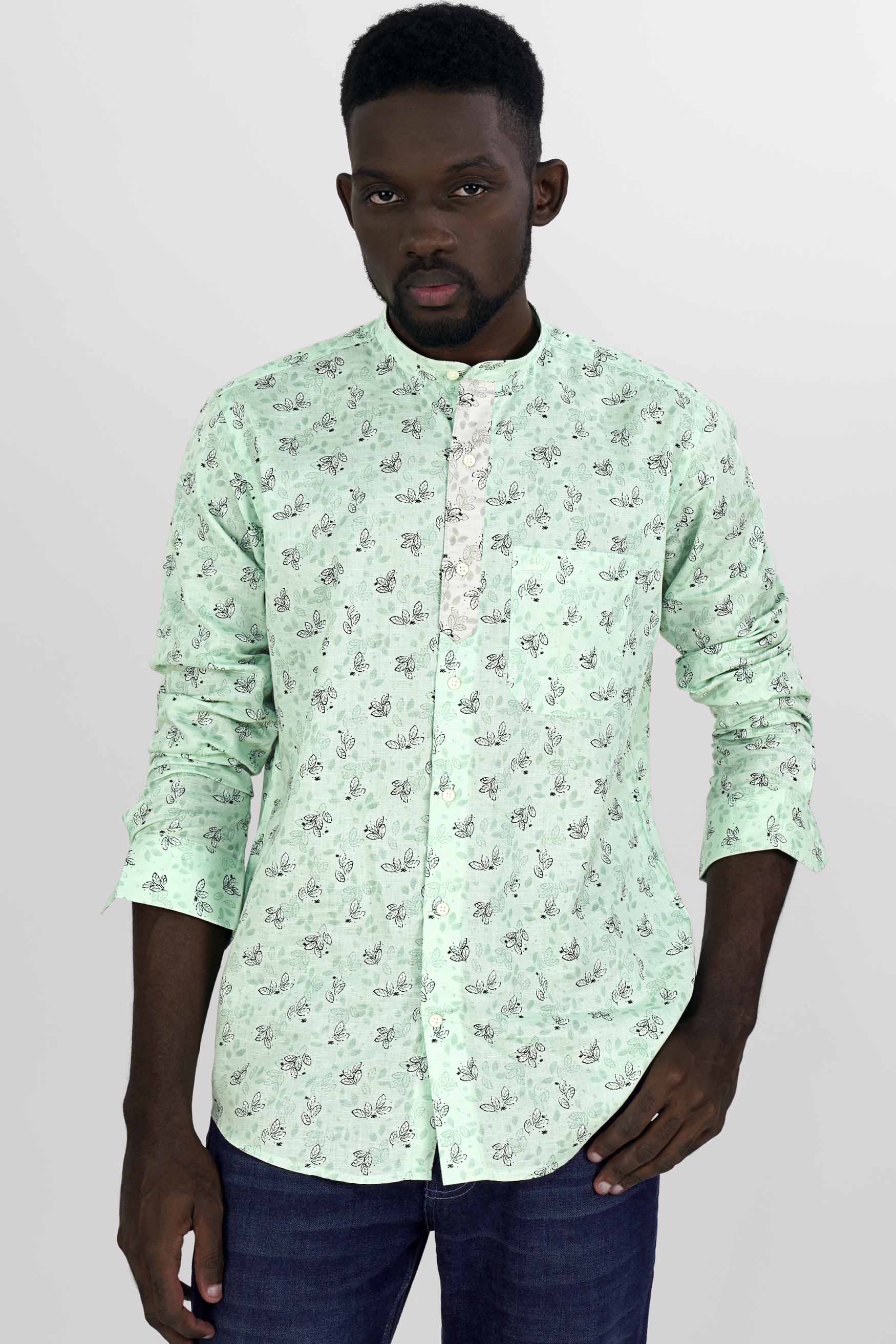 Ironstone Green Leaves Printed Luxurious Linen Designer Shirt