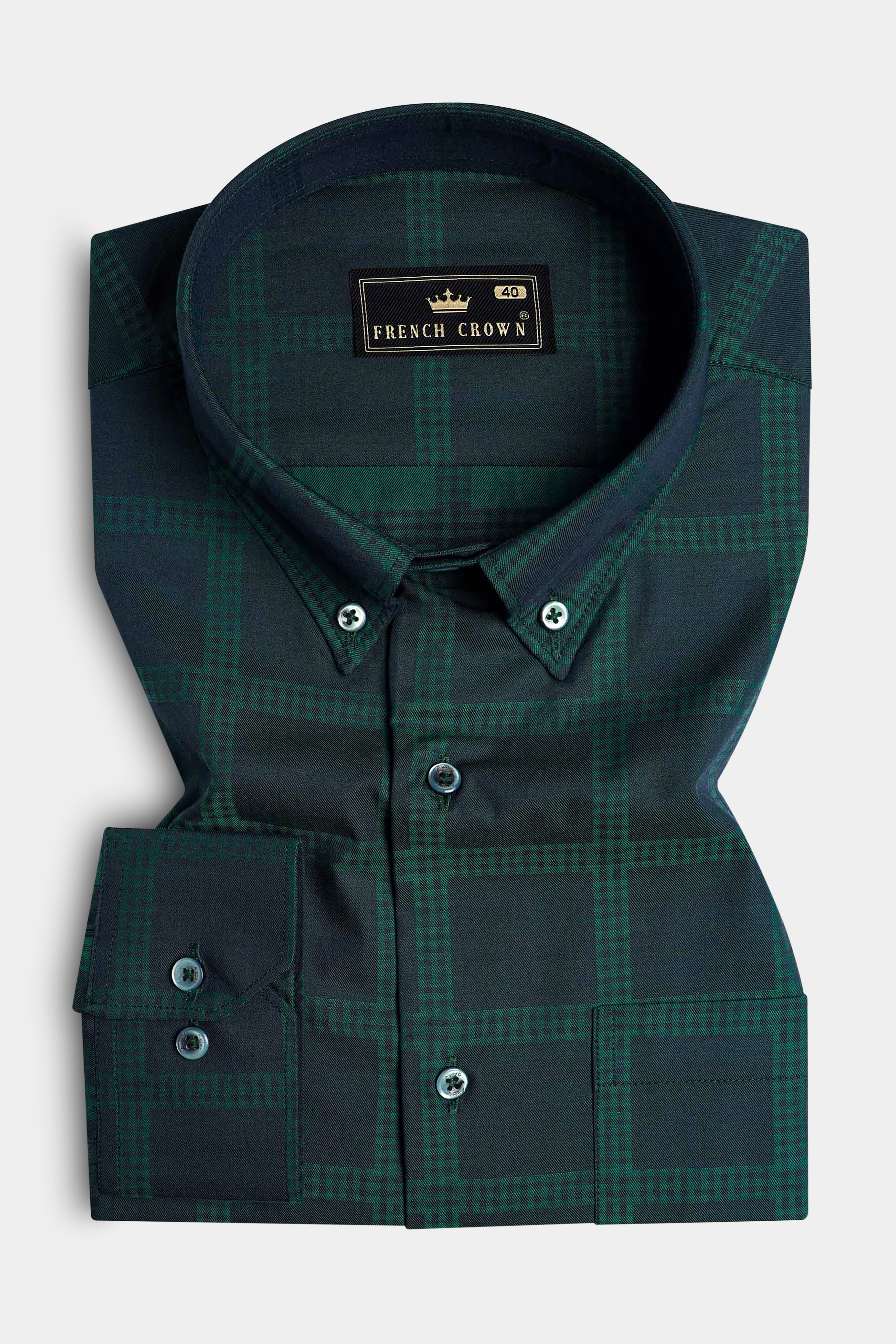 Gunmetal Blue and Plantation Green Checkered Jacquard Textured Premium Giza Cotton Shirt