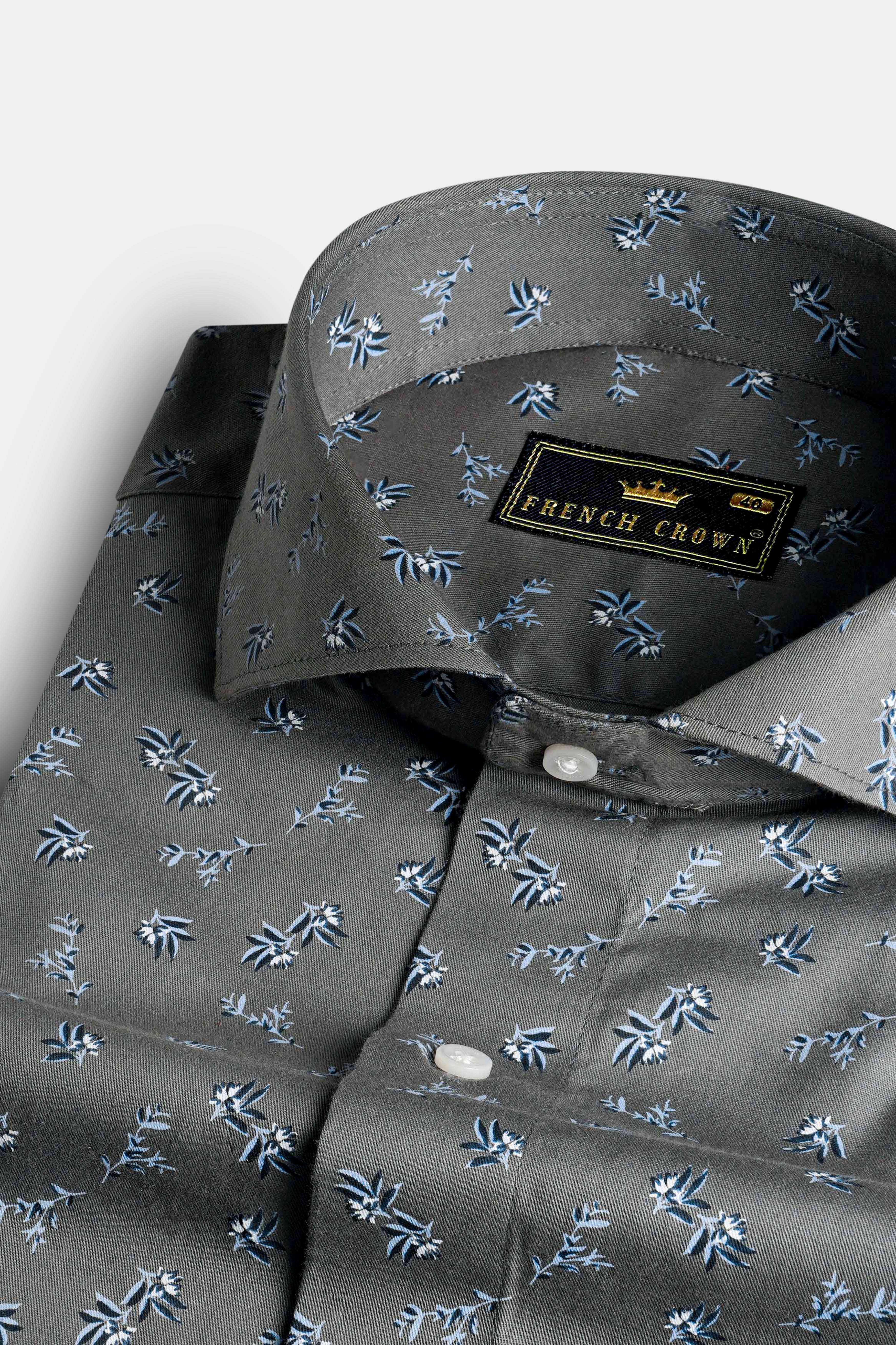 Gunsmoke Gray Leaves Printed Twill Premium Cotton Shirt