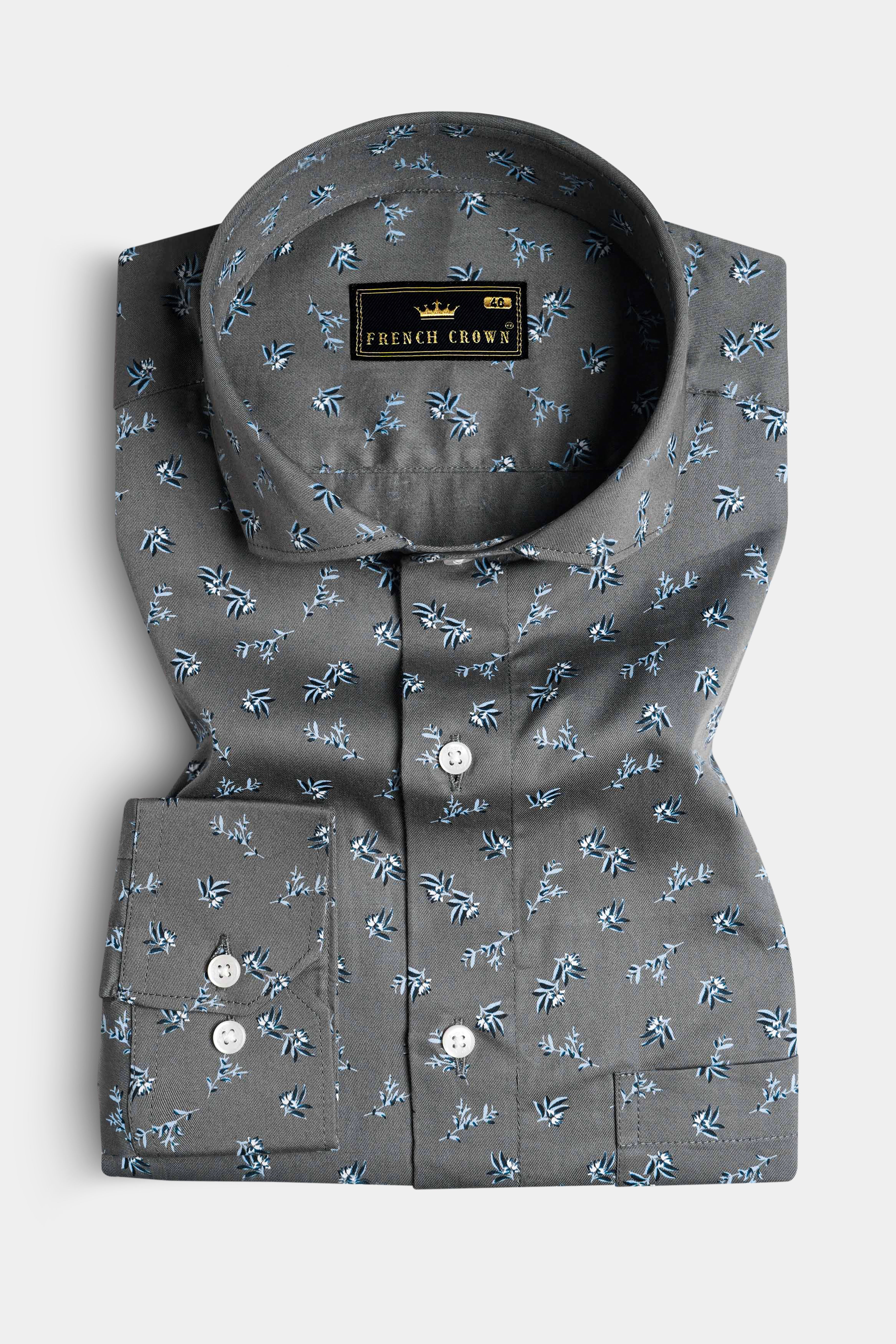 Gunsmoke Gray Leaves Printed Twill Premium Cotton Shirt