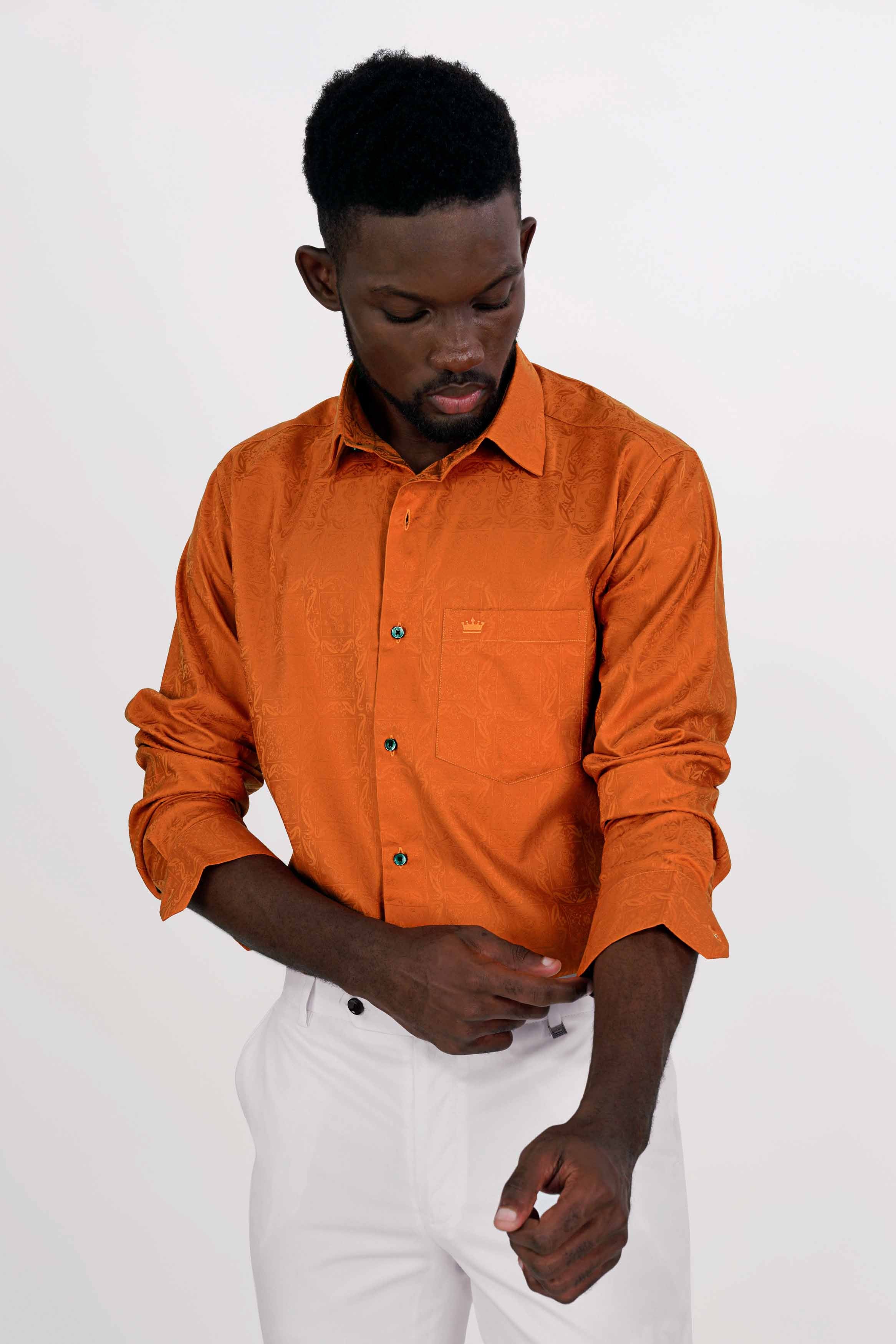 Terracotta Orange Jacquard Textured Premium Giza Cotton Shirt