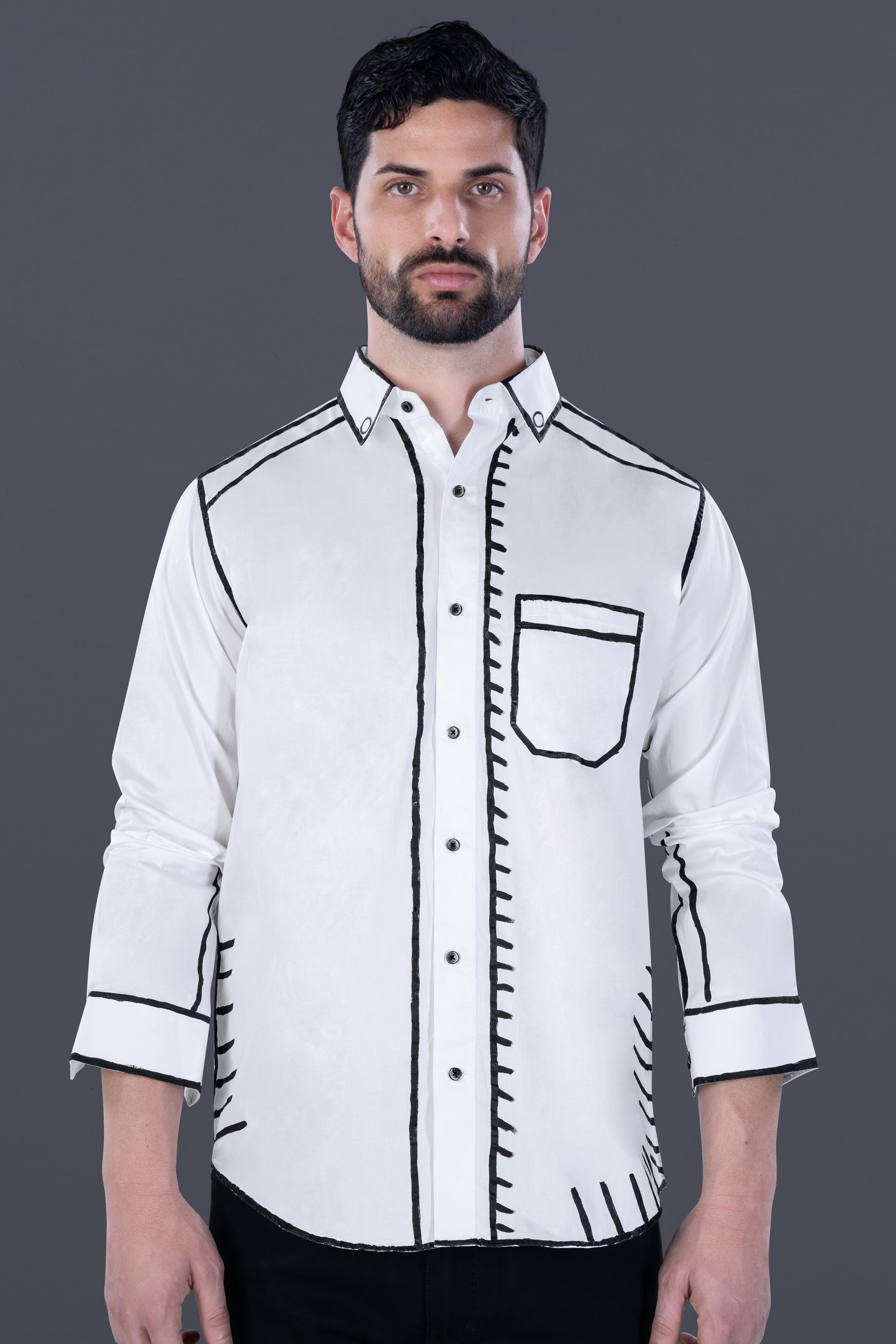 Bright White with Black Lines Hand Painted Subtle Sheen Super Soft Premium Cotton Designer Shirt