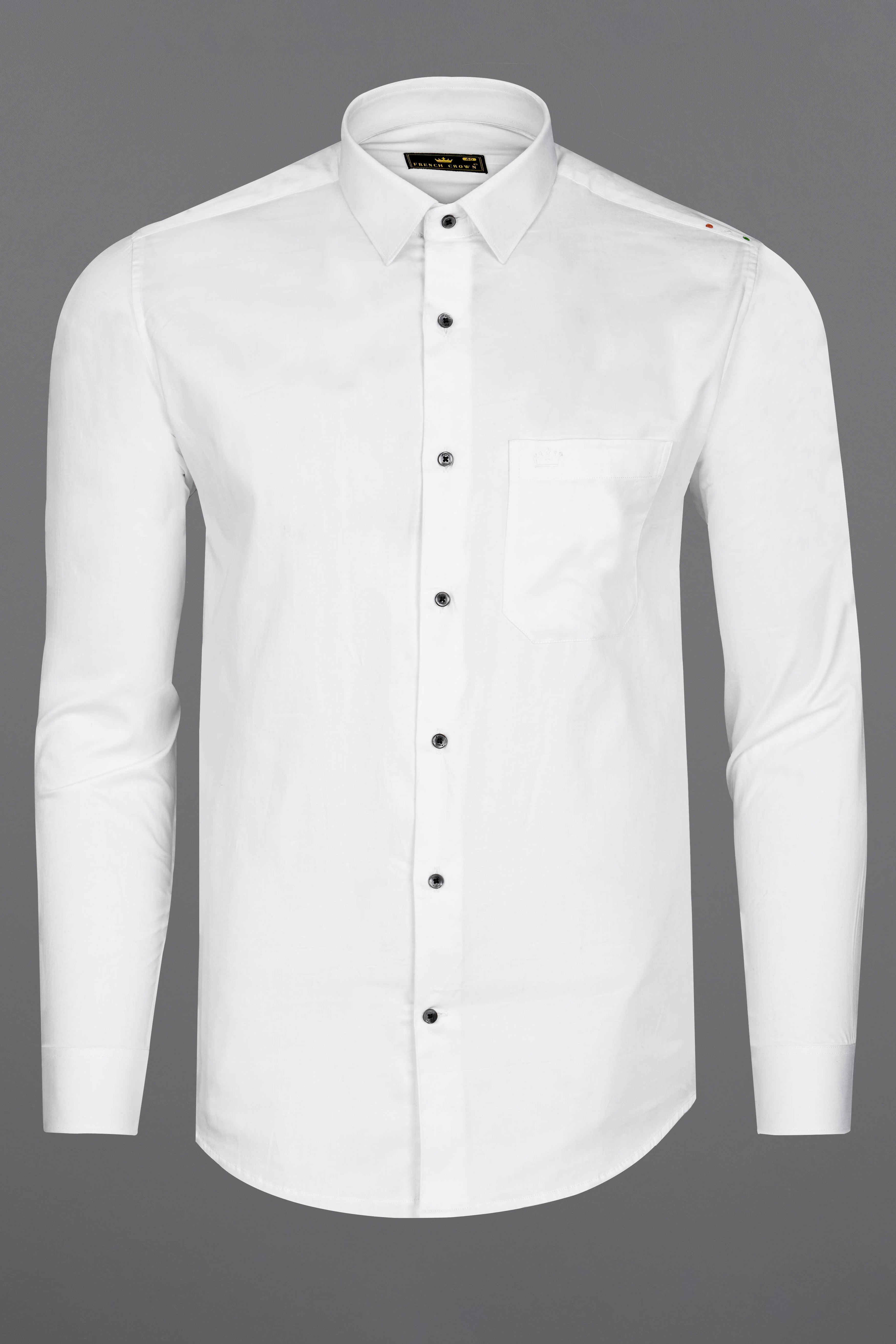 Bright White Subtle Sheen with Left Shoulder Tricolour Embroidered Super Soft Premium Cotton Shirt