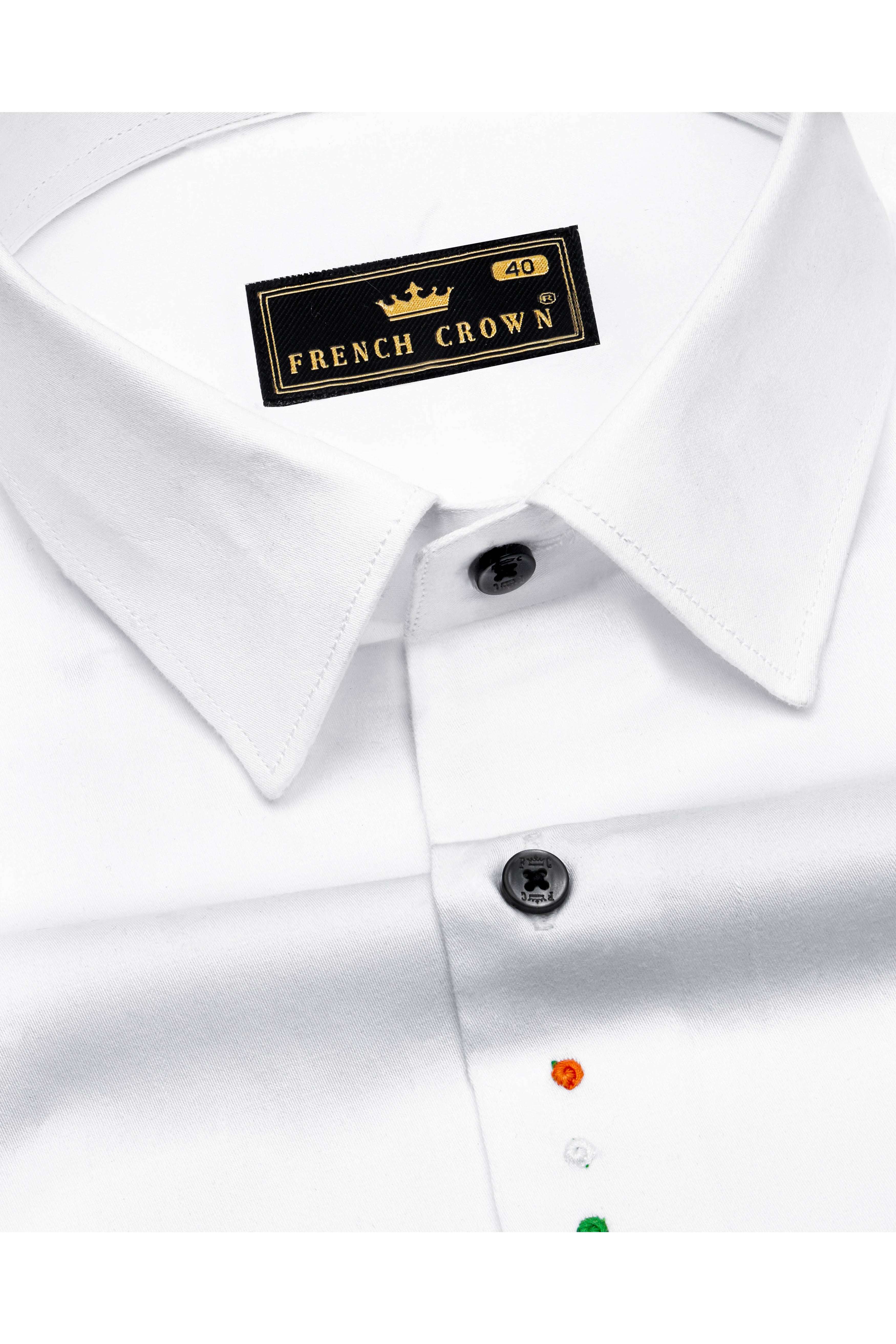 Bright White Subtle Sheen Tricolour Embroidered Under Second Button Super Soft Premium Cotton Shirt