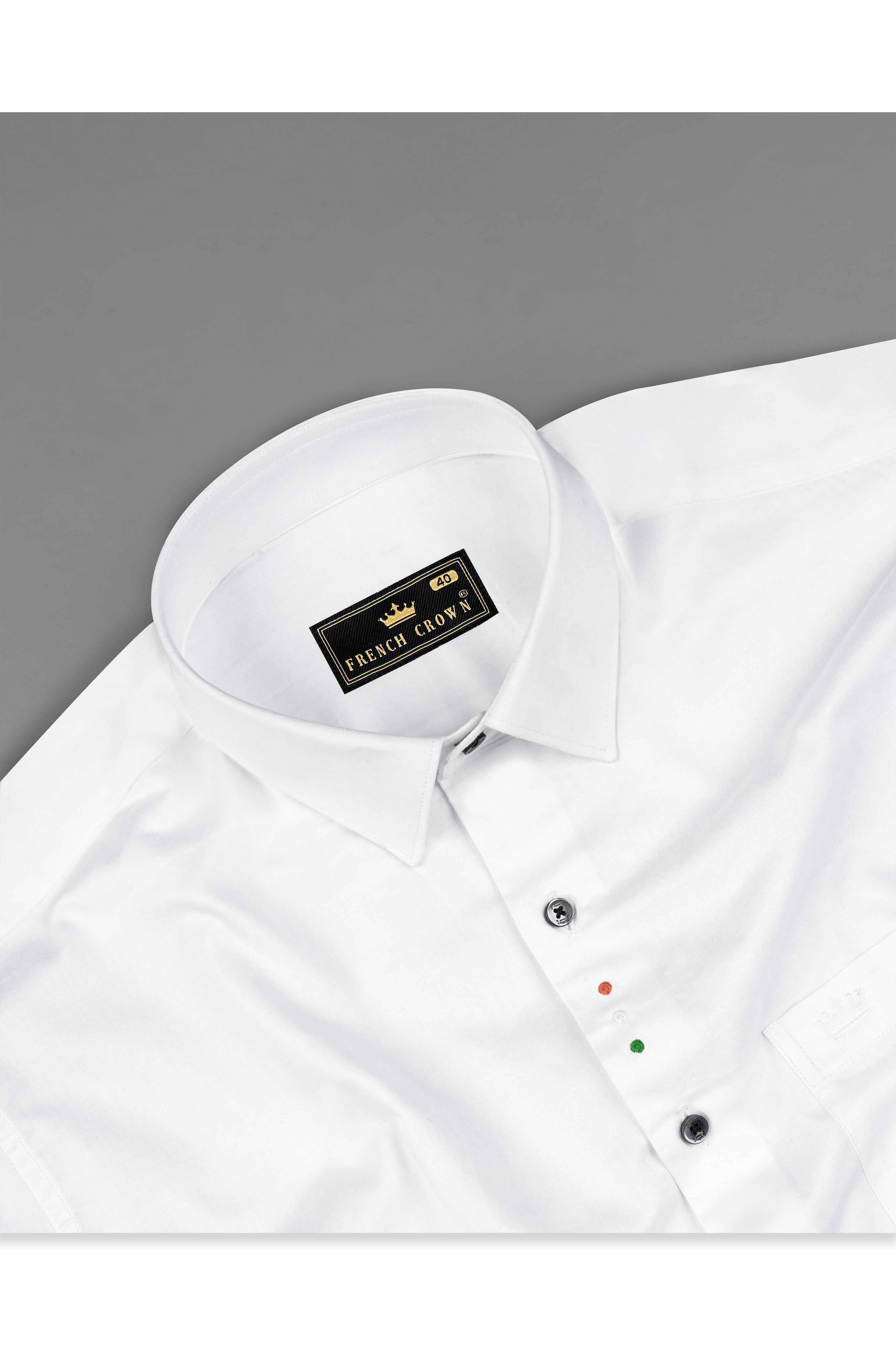 Bright White Subtle Sheen Tricolour Embroidered Under Second Button Super Soft Premium Cotton Shirt