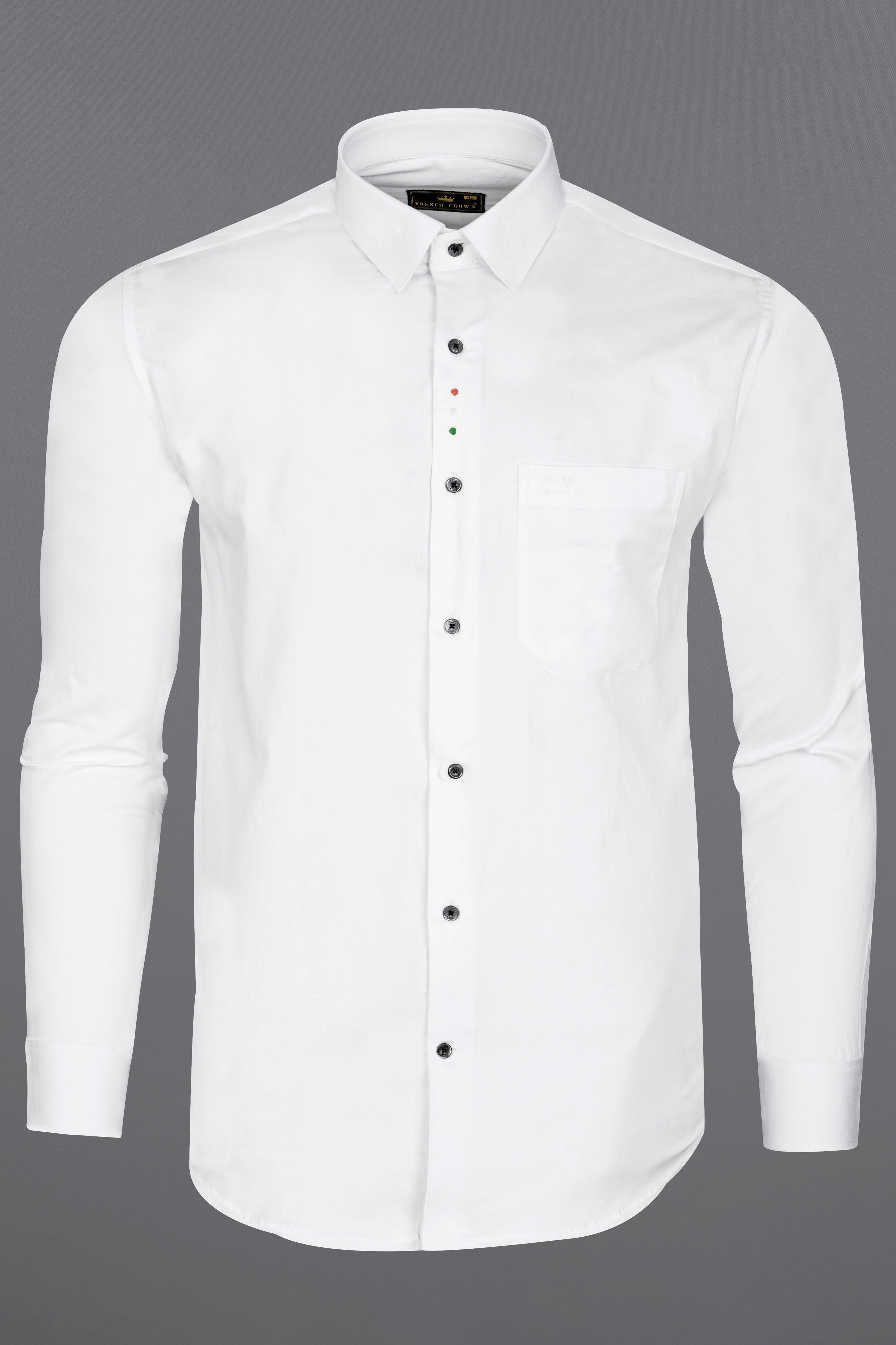 Bright White Subtle Sheen Tricolour Embroidered Under Second Button Super Soft Premium Cotton Shirt