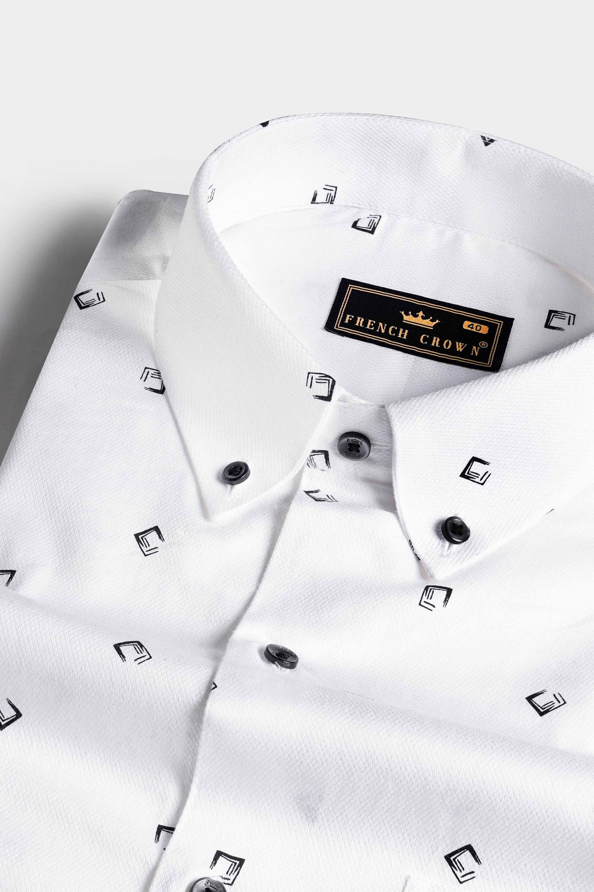 Bright White and Black Dobby Textured Premium Giza Cotton Shirt