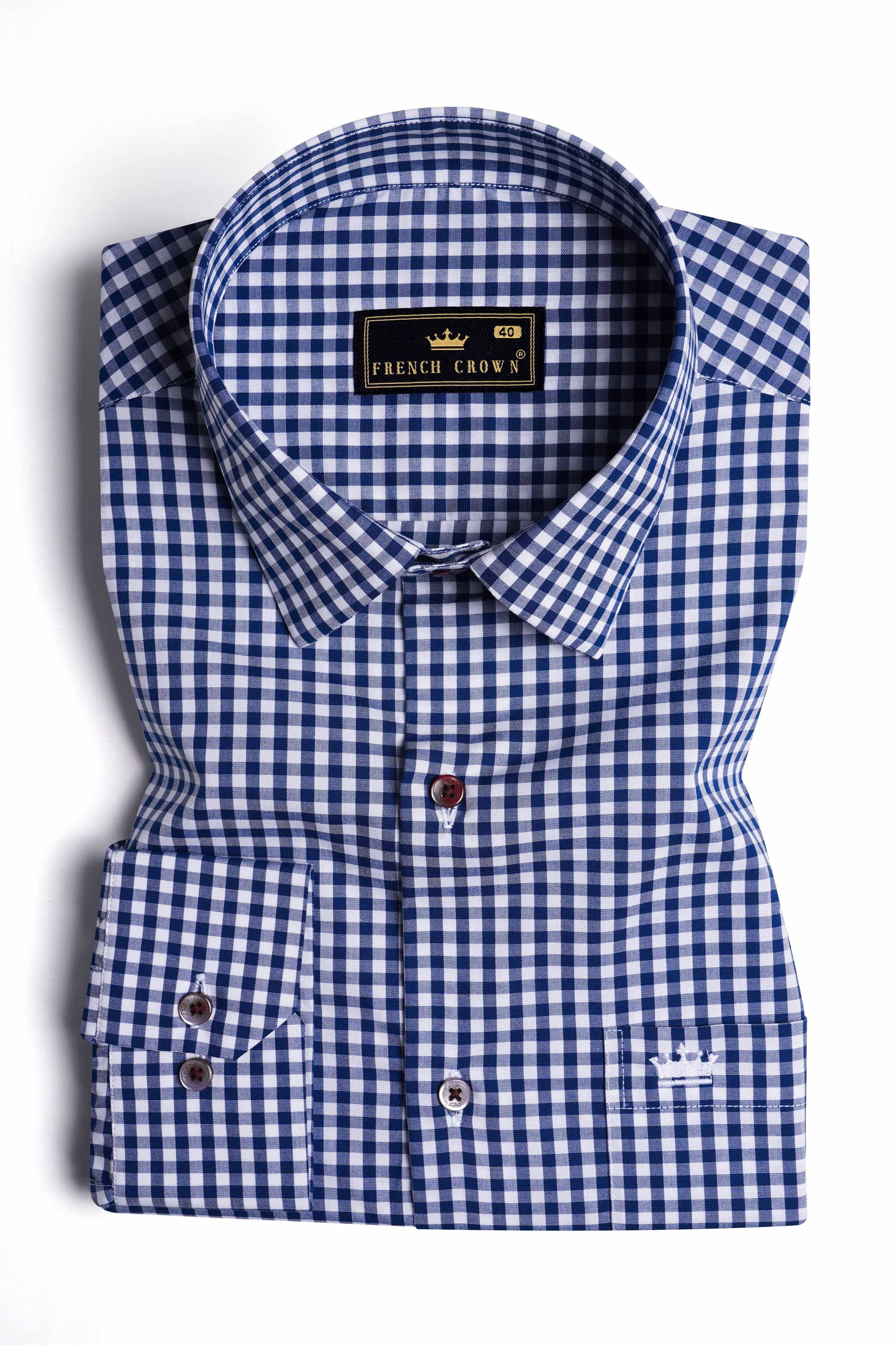Bright White and Biscay Blue Gingham Checkered Premium Cotton Shirt