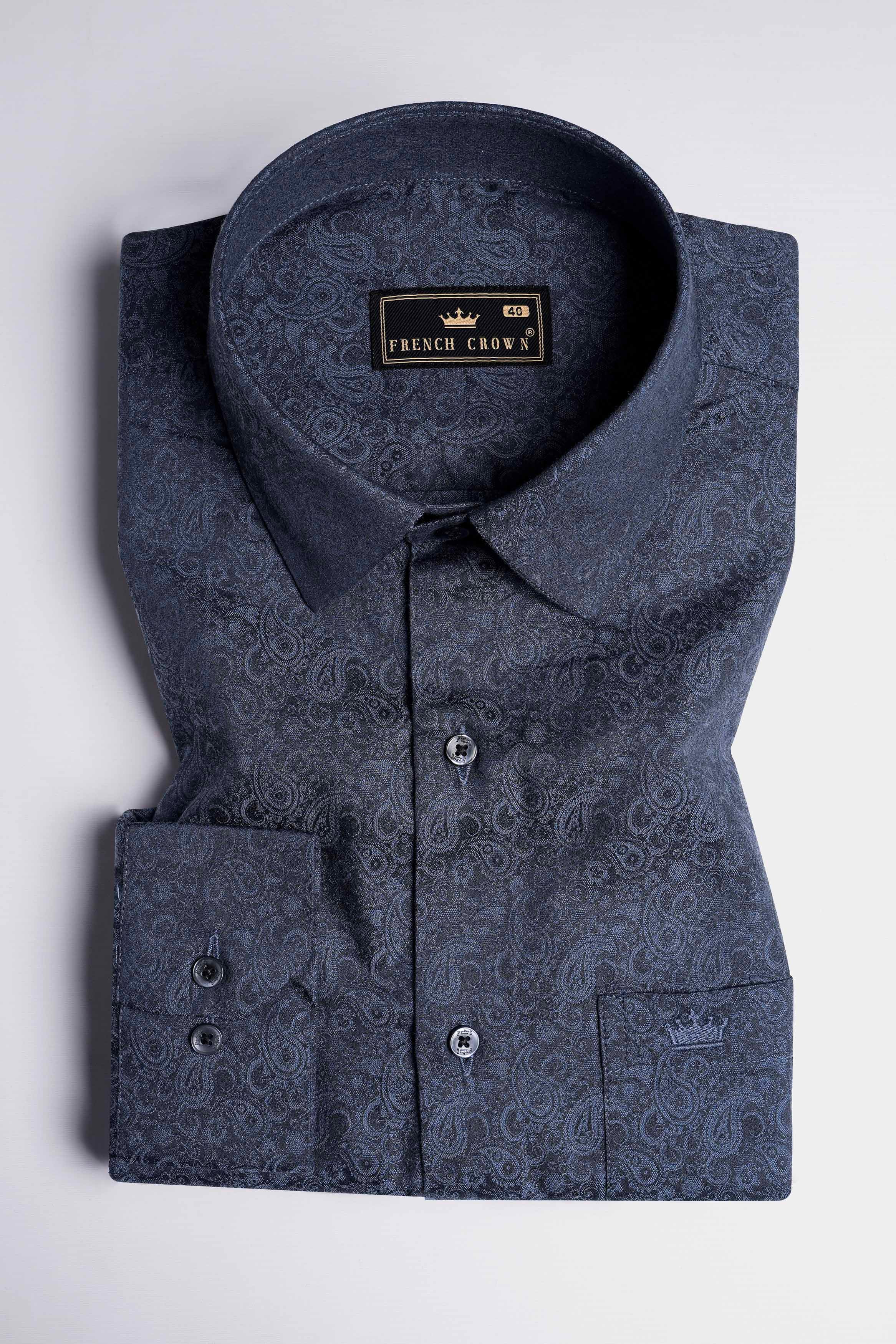 Outer Space Blue and Black Paisley Jacquard Textured Premium Giza Cotton Shirt
