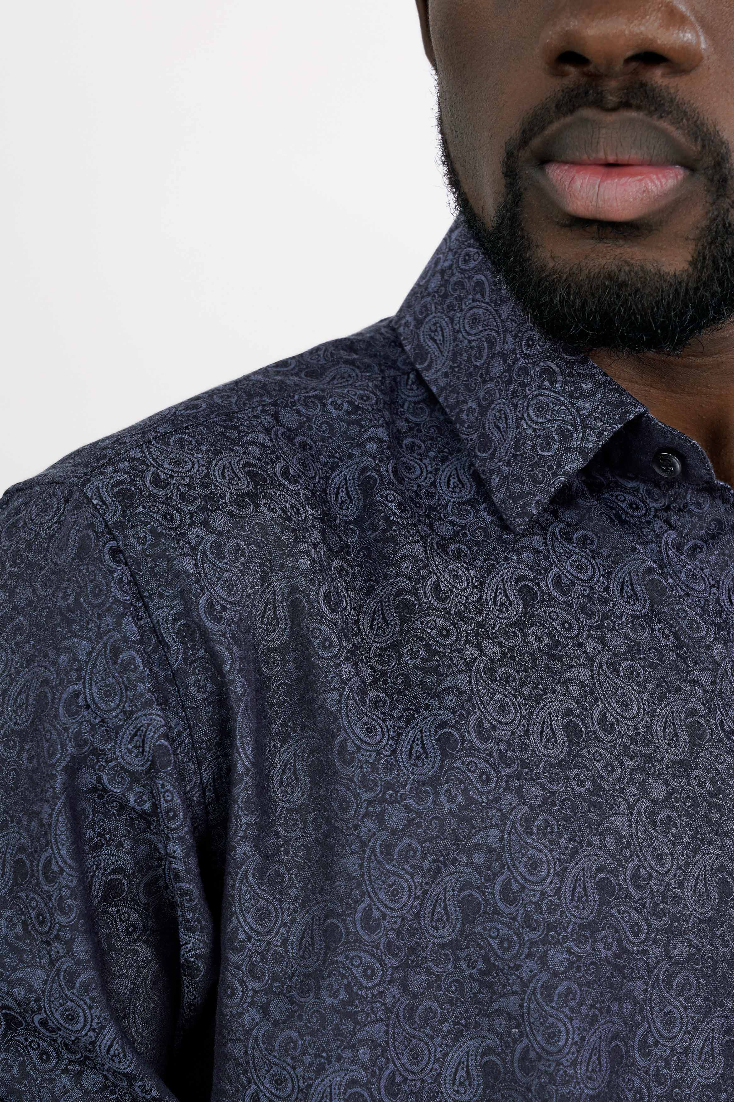 Outer Space Blue and Black Paisley Jacquard Textured Premium Giza Cotton Shirt