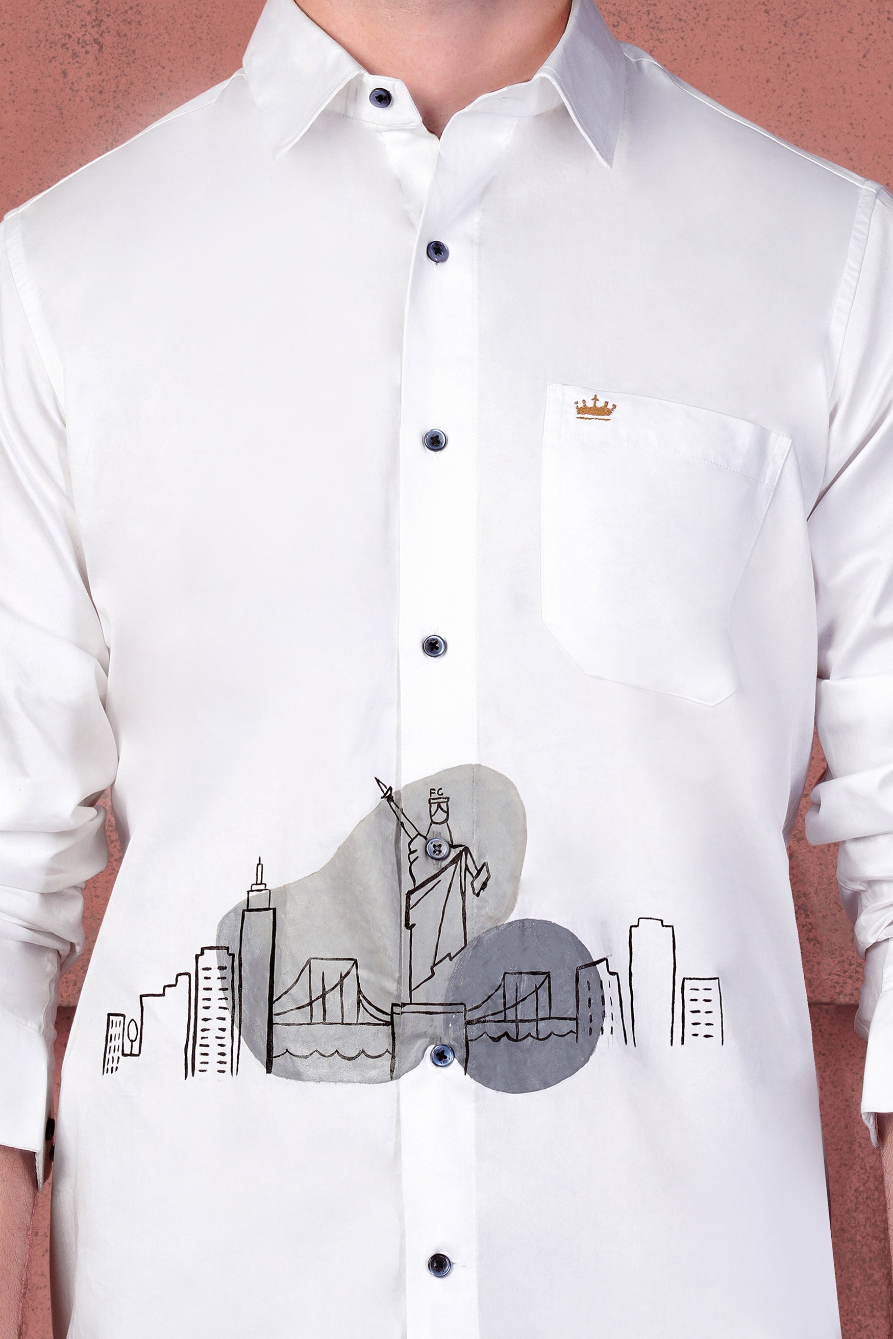 Bright White New York City Hand Painted Subtle Sheen Super Soft Premium Cotton Designer Shirt