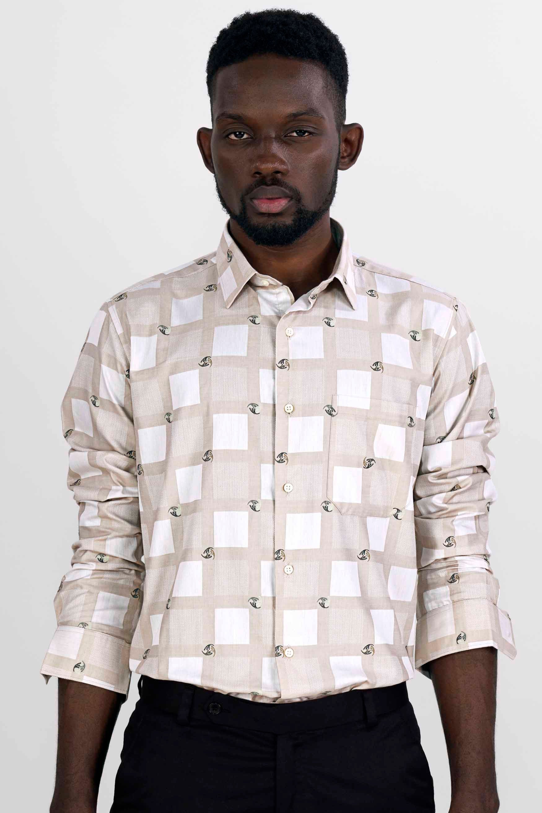 Bone Brown with White Box Jacquard Textured Premium Giza Cotton Shirt