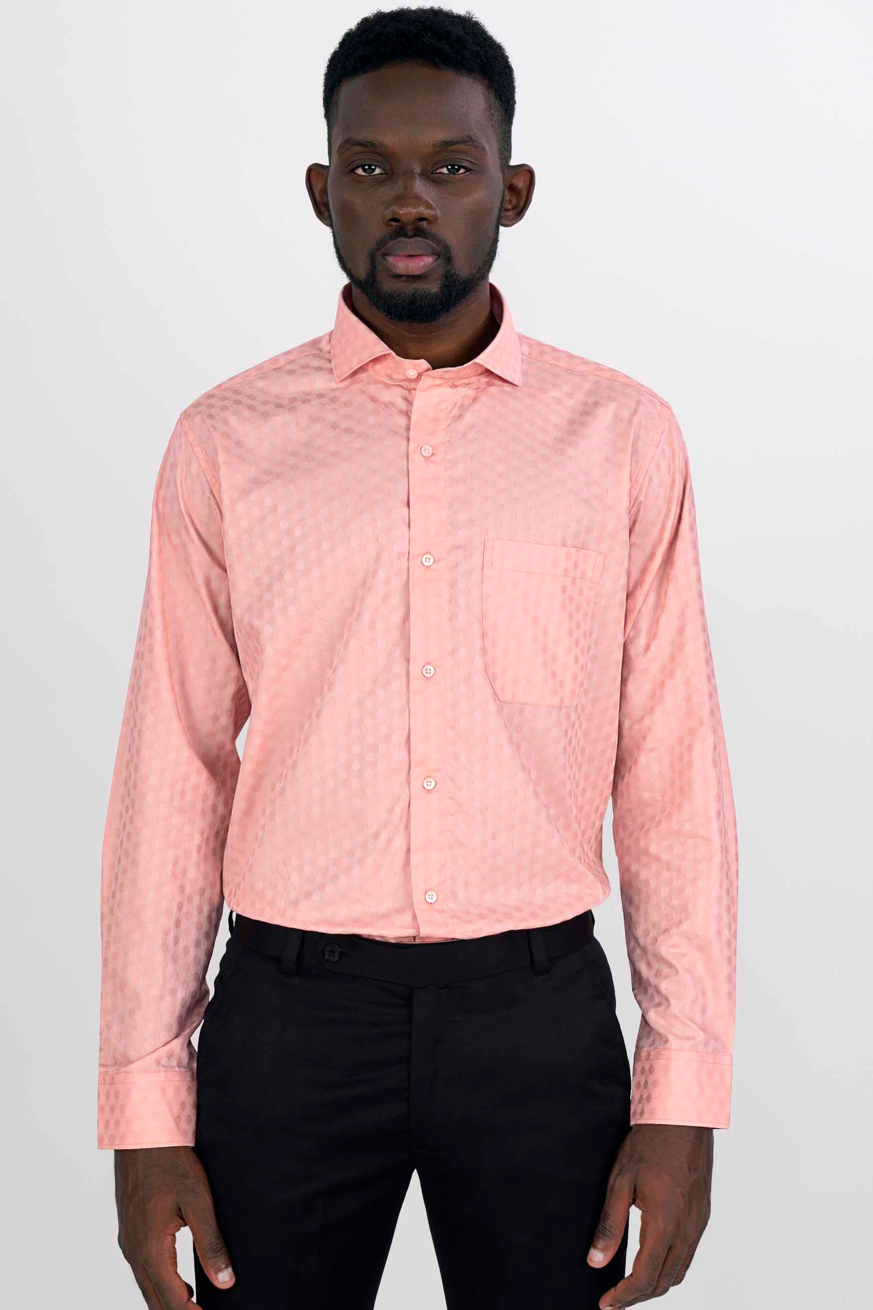 Cosmos Pink and Cashmere Brown Hexagonal Jacquard Textured Premium Giza Cotton Shirt