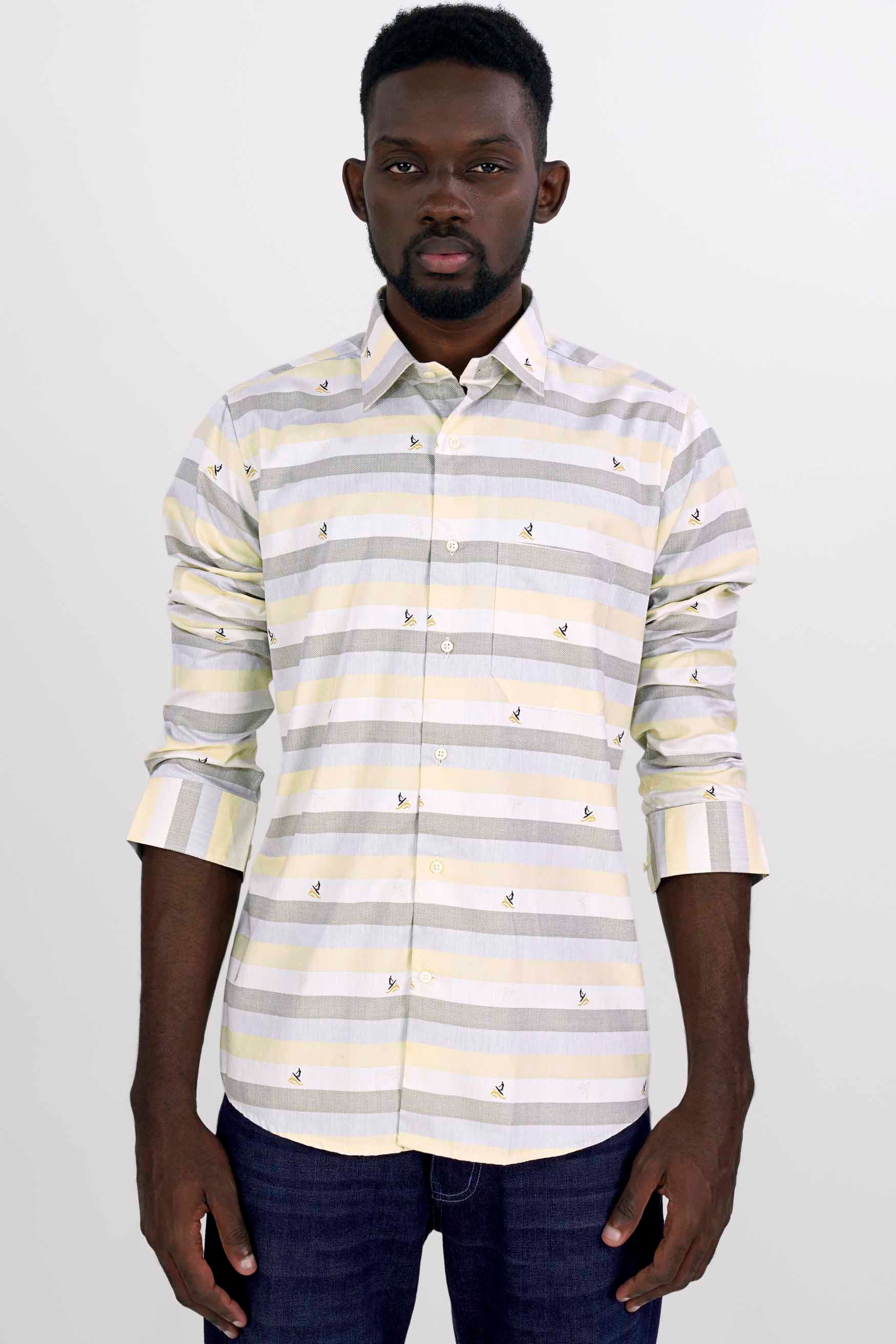 Wheatfield Beige and Spring Rain Brown Multicolour Jacquard Textured Premium Giza Cotton Shirt