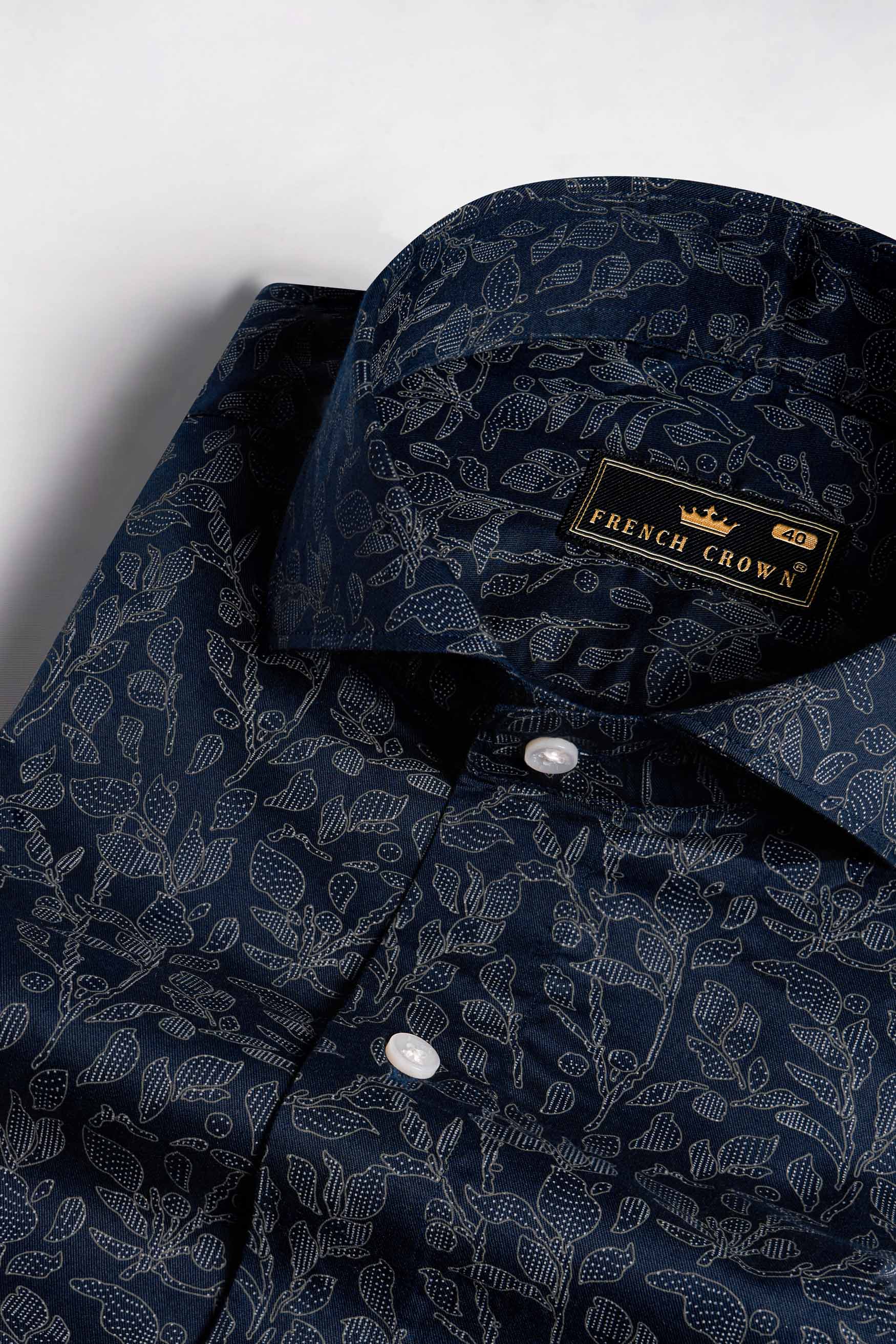 Onyx Blue with Cloudy Brown and White Leaves Printed Twill Premium Cotton Shirt