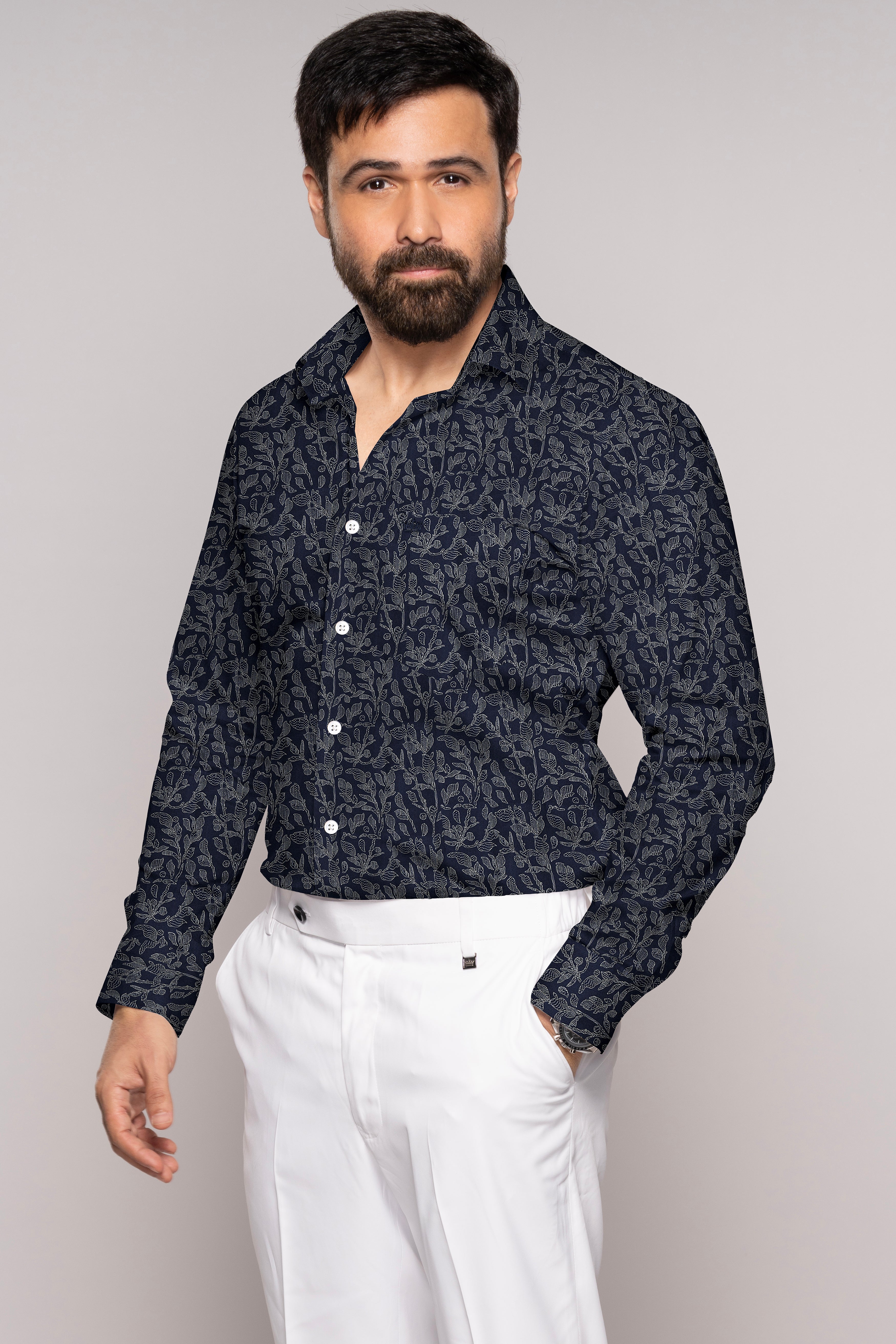 Onyx Blue with Cloudy Brown and White Leaves Printed Twill Premium Cotton Shirt