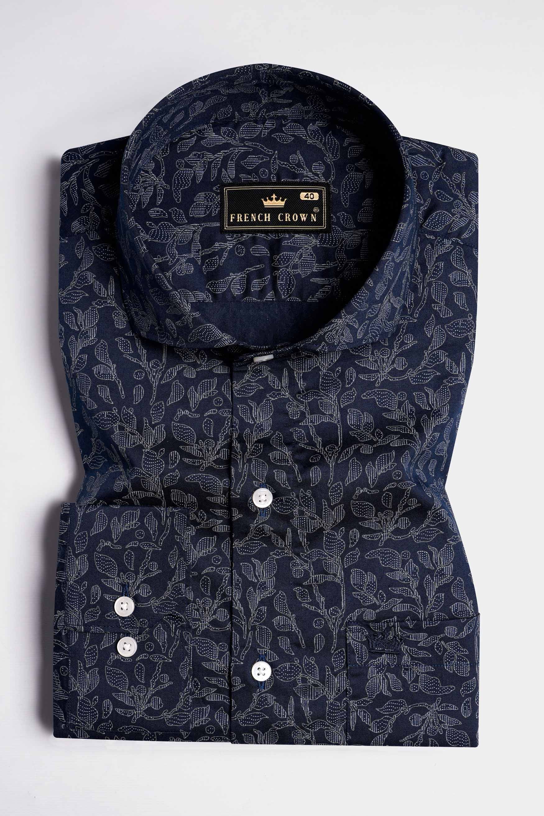 Onyx Blue with Cloudy Brown and White Leaves Printed Twill Premium Cotton Shirt