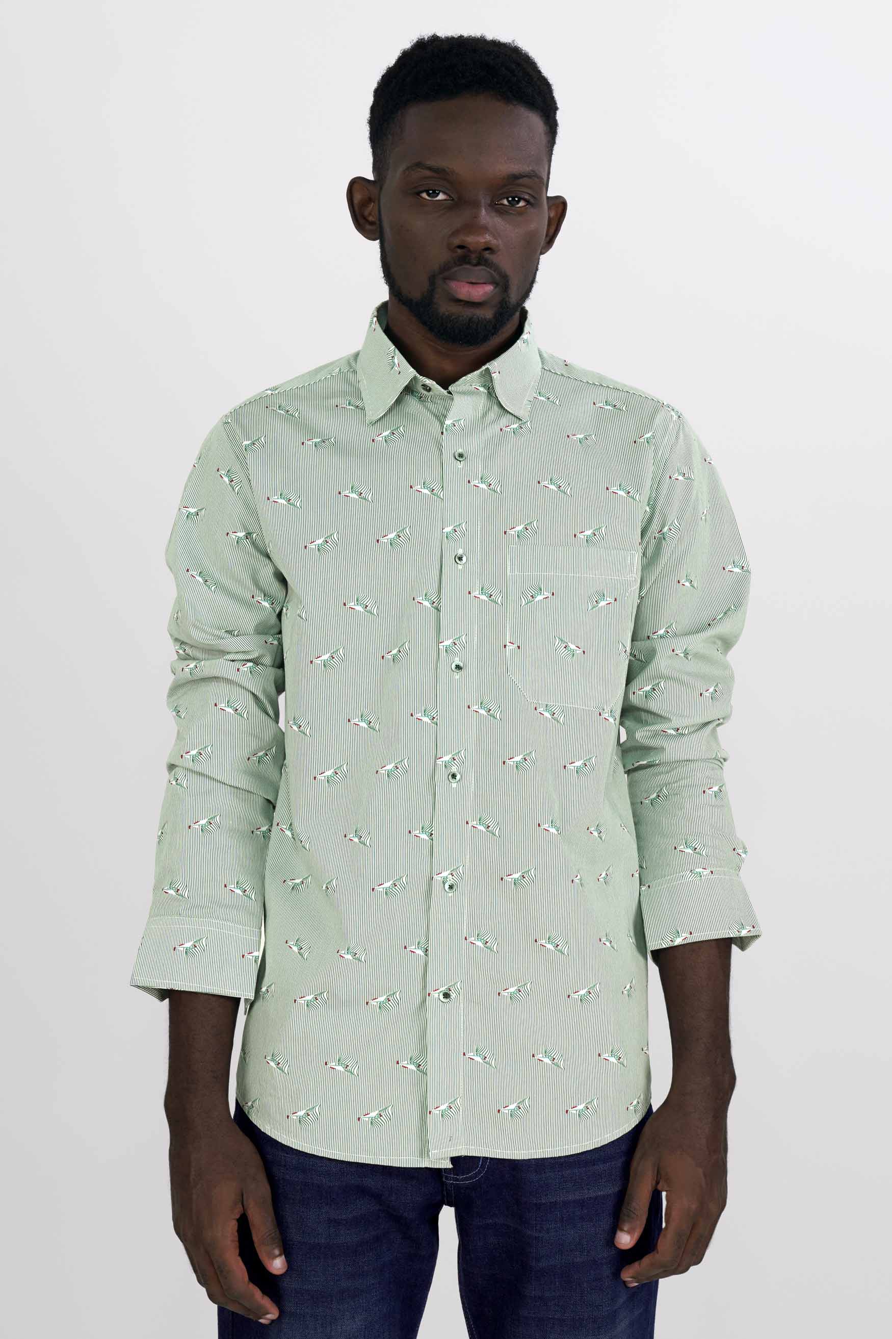 Bright White with Seafoam Green Striped Premium Cotton Shirt