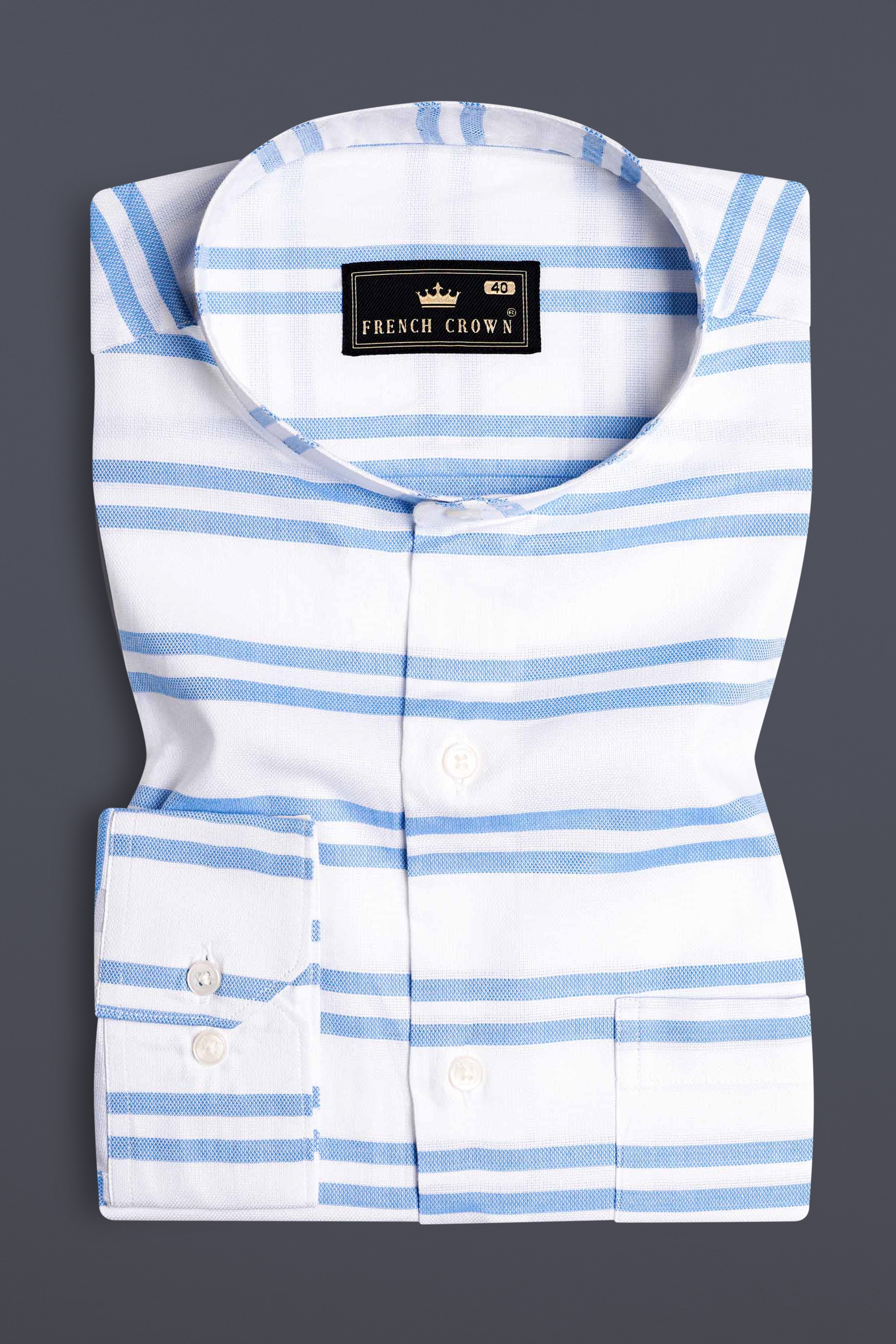 Bright White and Cornflower Blue Striped Dobby Textured Premium Giza Cotton Shirt