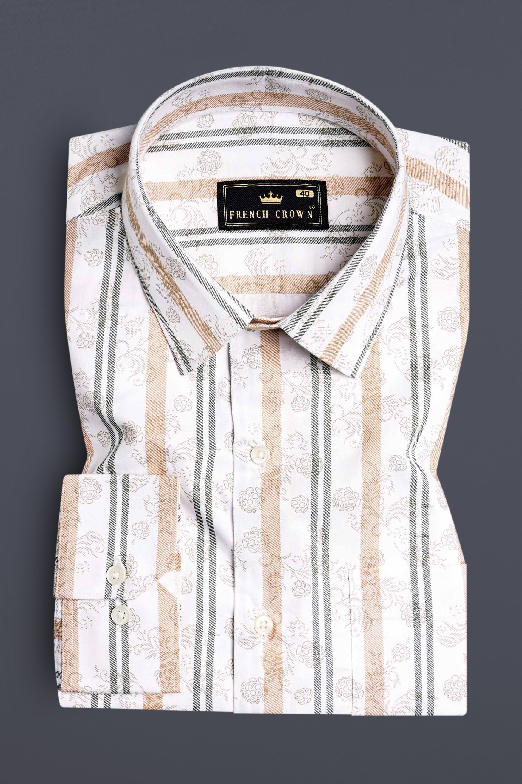 Bright White with Navajo Beige and Flint Brown Printed Super Soft Premium Cotton Shirt