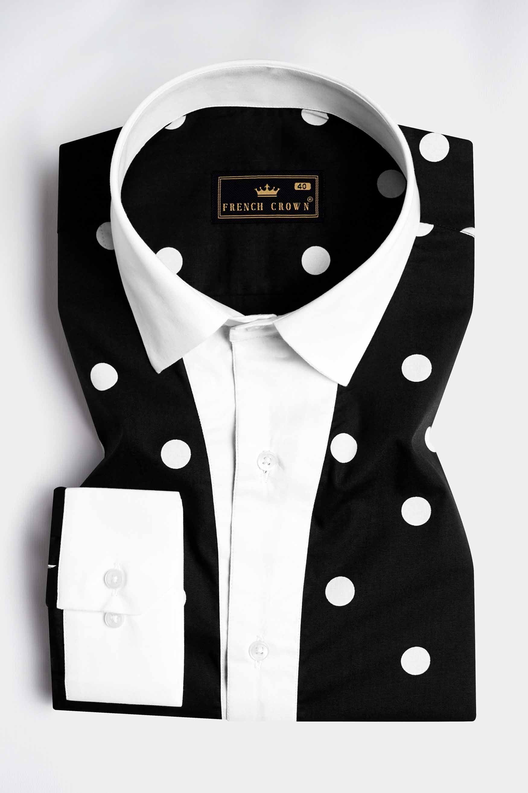 Jade Black and White Polka Dotted with White Cuffs and Collar Premium Cotton Designer Shirt