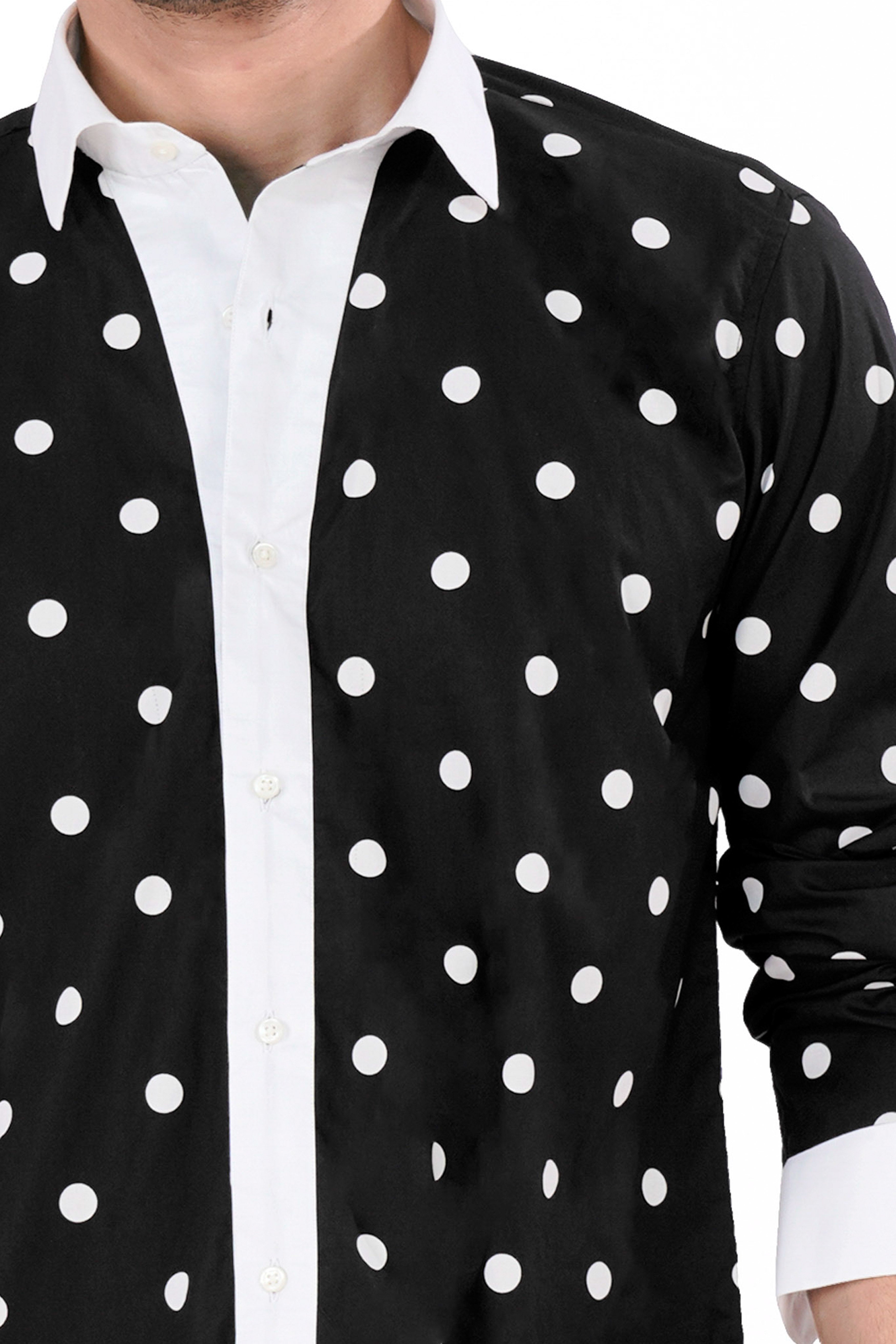 Jade Black and White Polka Dotted with White Cuffs and Collar Premium Cotton Designer Shirt