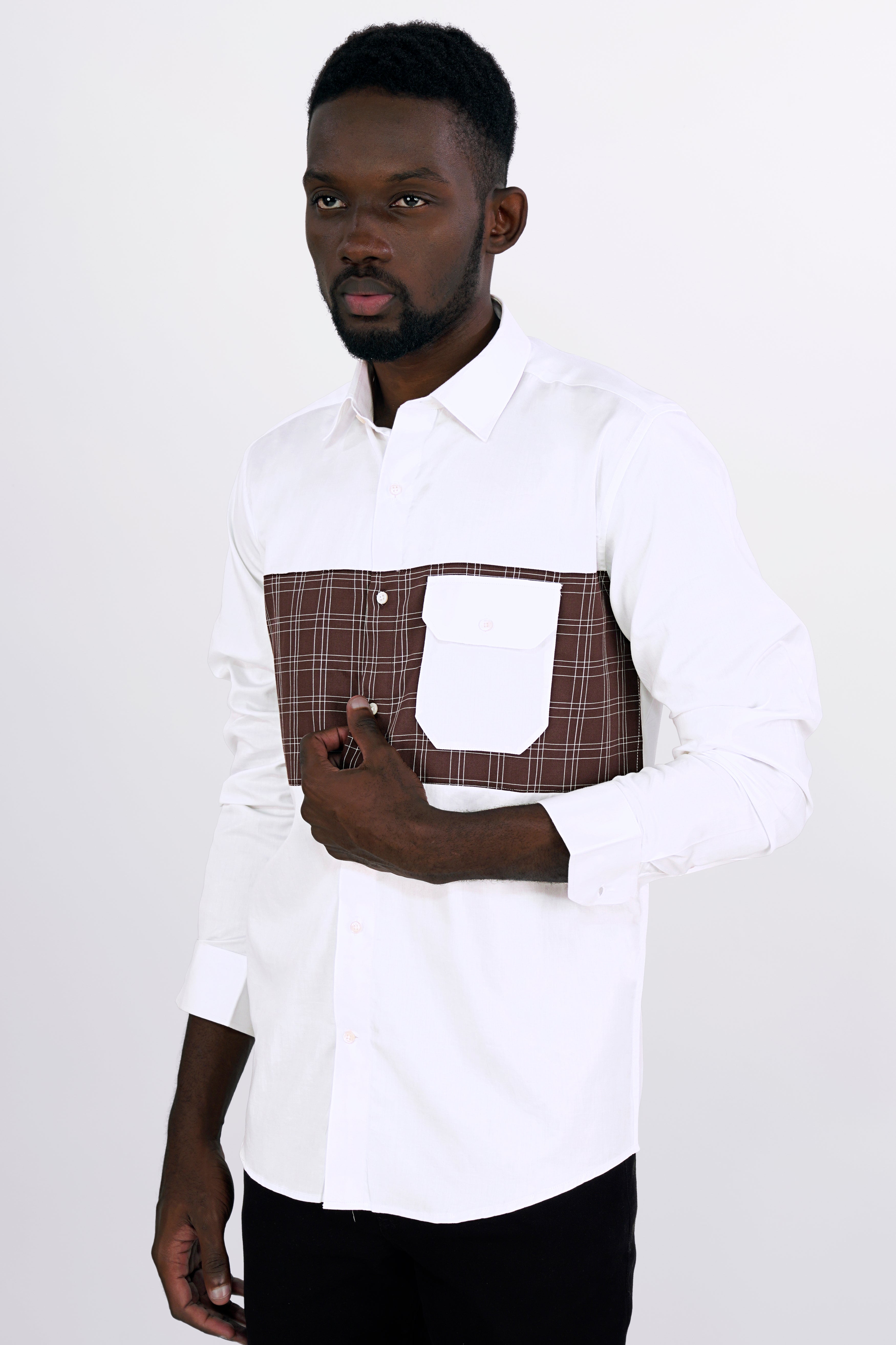 Bright White with Bistre Brown Plaid Super Soft Premium Cotton Designer Shirt
