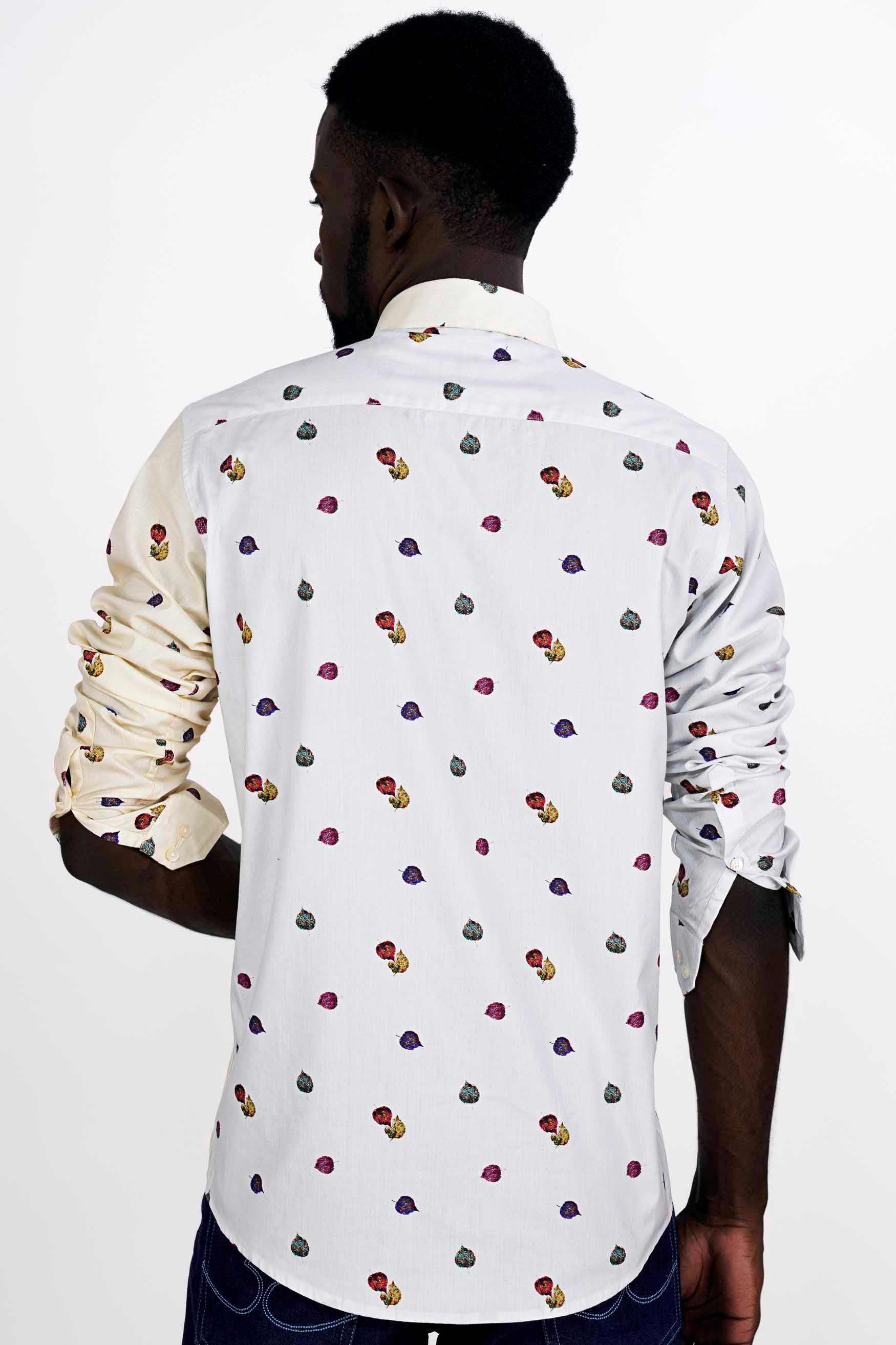 Half Bright White with Half Hampton Beige Leaves Printed Super Soft Premium Cotton Designer Shirt
