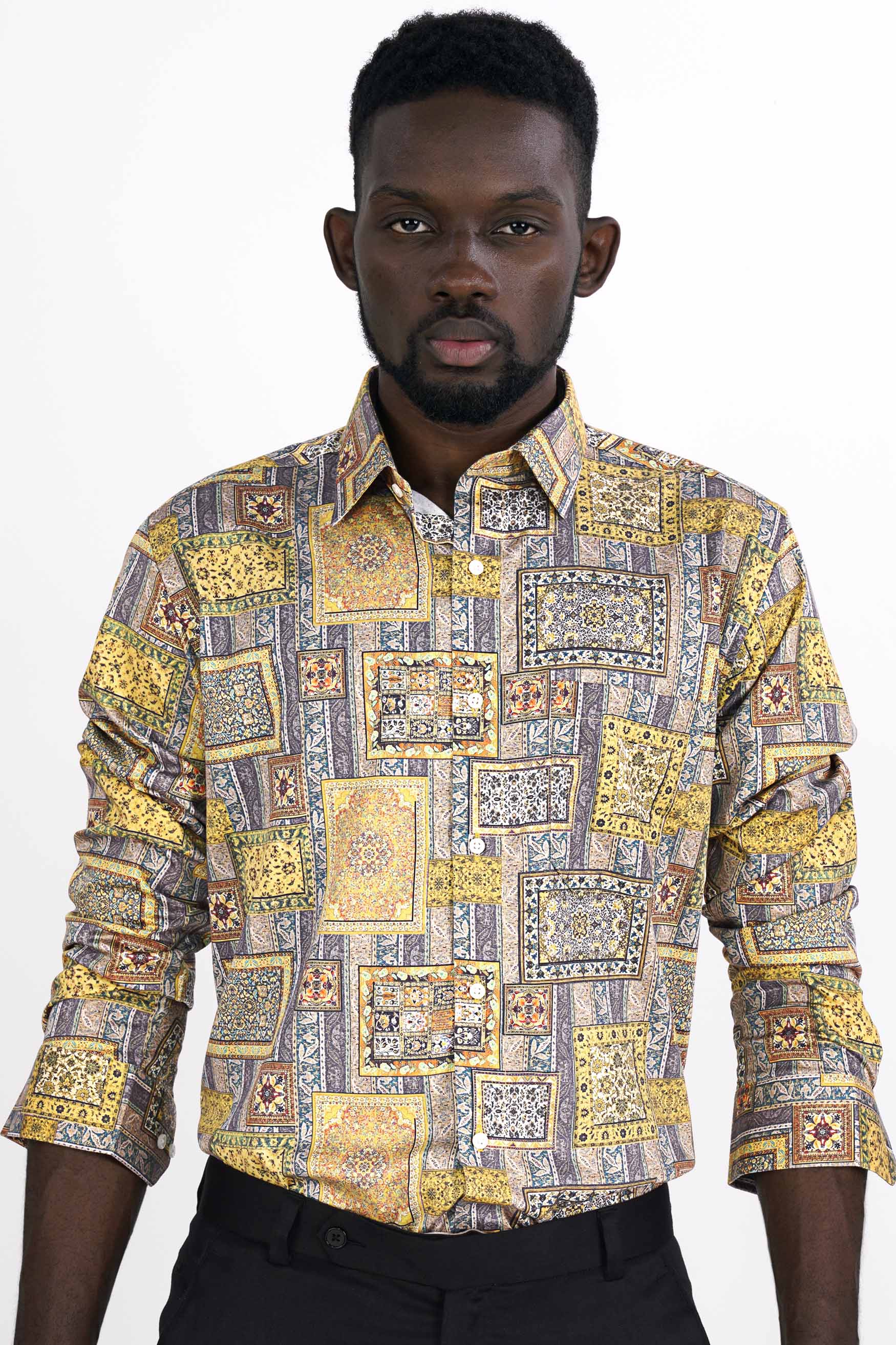 Wattle Yellow with Zobra Brown Multicolour Tribal Printed Super Soft Premium Cotton Shirt